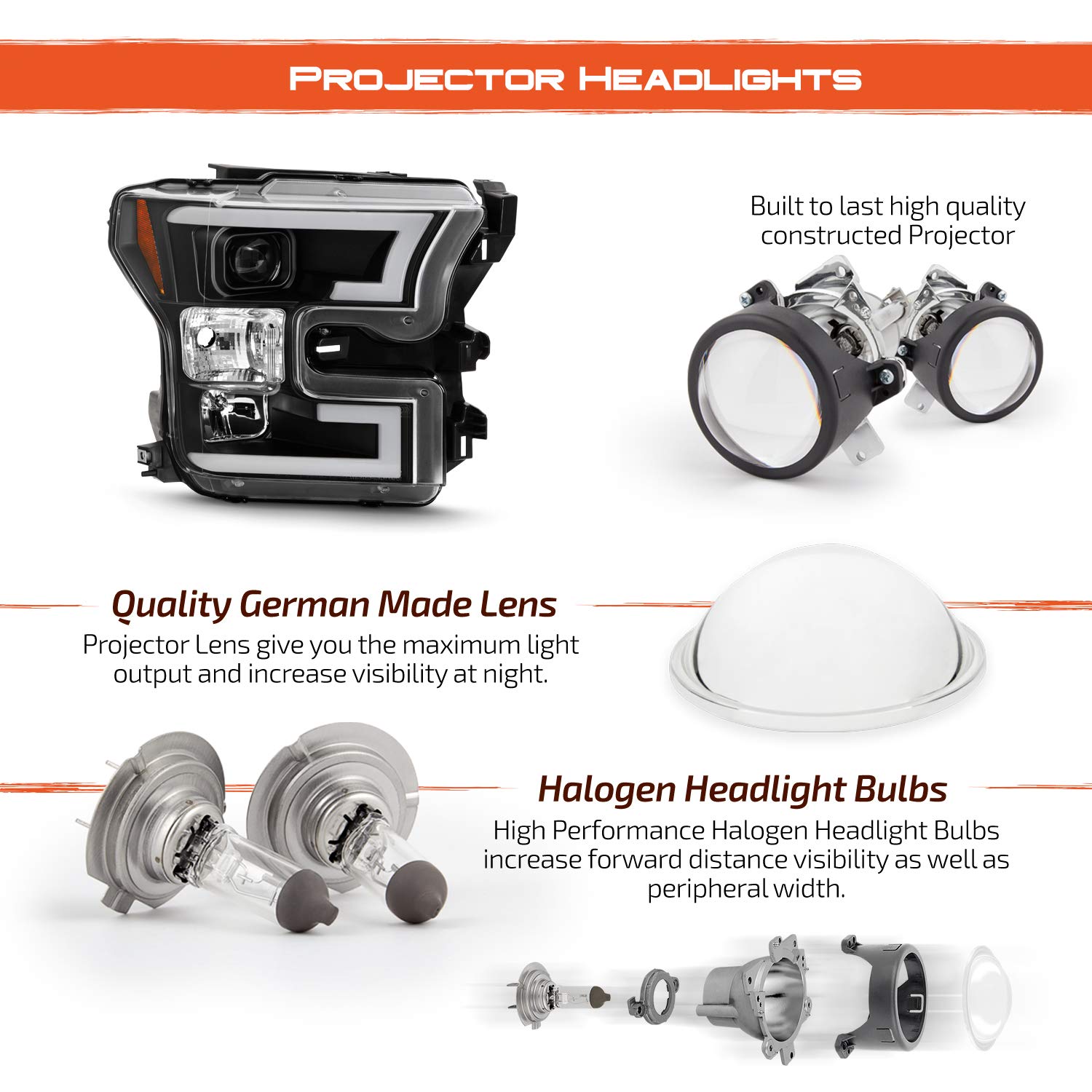AKKON LED Headlights for 2015-2017 Ford Super Duty F-150 - Black Projector Headlight Upgrade Kit - Halogen to LED Conversion - Enhanced Night Driving & Off-Road Visibility