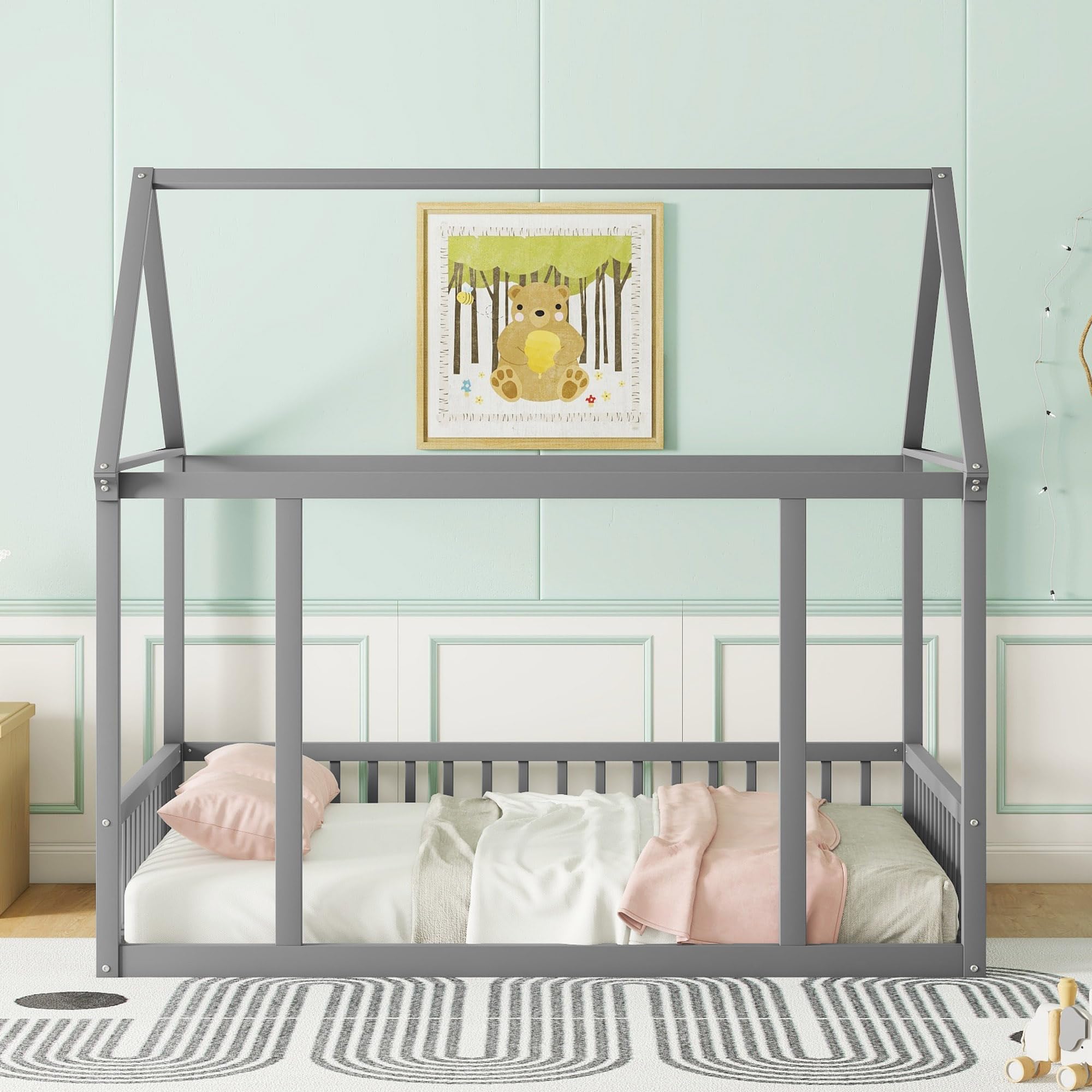 Bellemave Full Size Wooden Floor Bed for Kids - Montessori House Bed Frame with Safety Fence, Playhouse Design for Boys & Girls (Gray) - Perfect for Bedrooms, Playrooms & Montessori Learning Spaces
