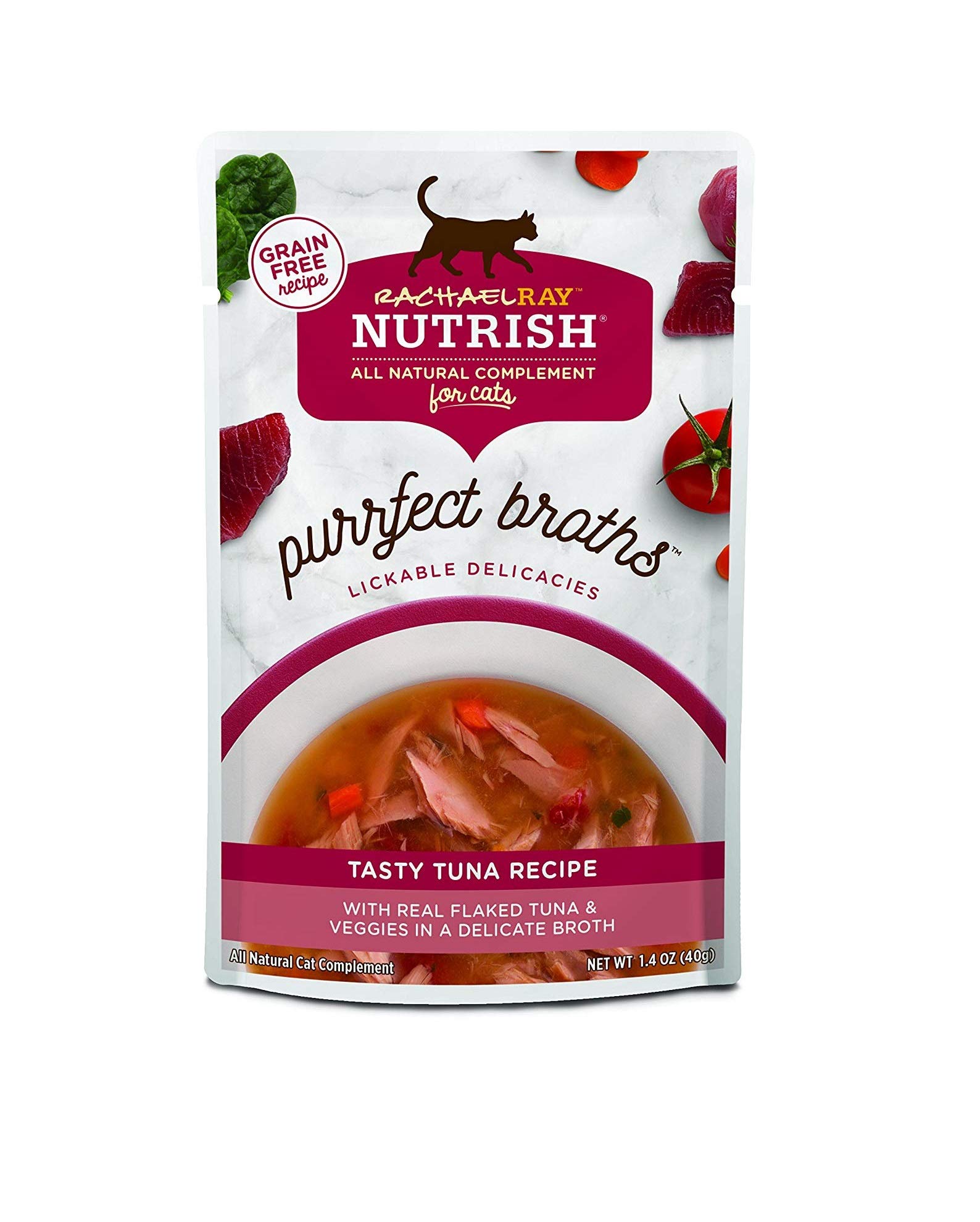 Rachael Ray Nutrish Purrfect Broths Wet Cat Food - Grain Free Tuna Recipe with Flaked Tuna & Vegetables, 1.4oz Pouch (Pack of 24) | Healthy Hydration for Indoor & Outdoor Cats, Perfect for Picky Eaters & Senior Cats