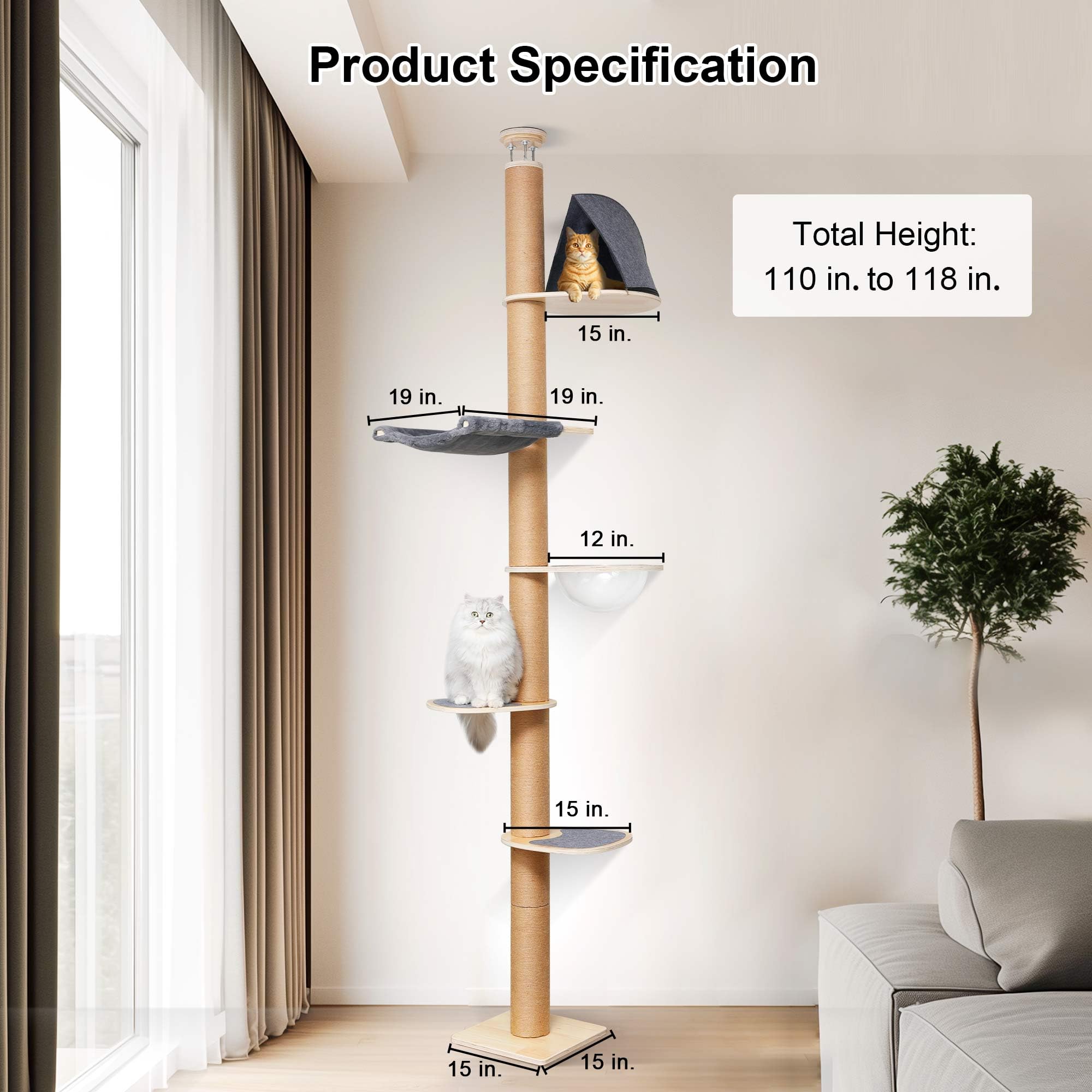 Premium 6-Level Adjustable Cat Tree Tower (5.7-9.8 ft) - Floor to Ceiling Climbing Structure with Thick Scratching Posts, Transparent Capsule & Plush Hammock - Perfect for Indoor Cat Play, Exercise & Relaxation in Apartments/Homes
