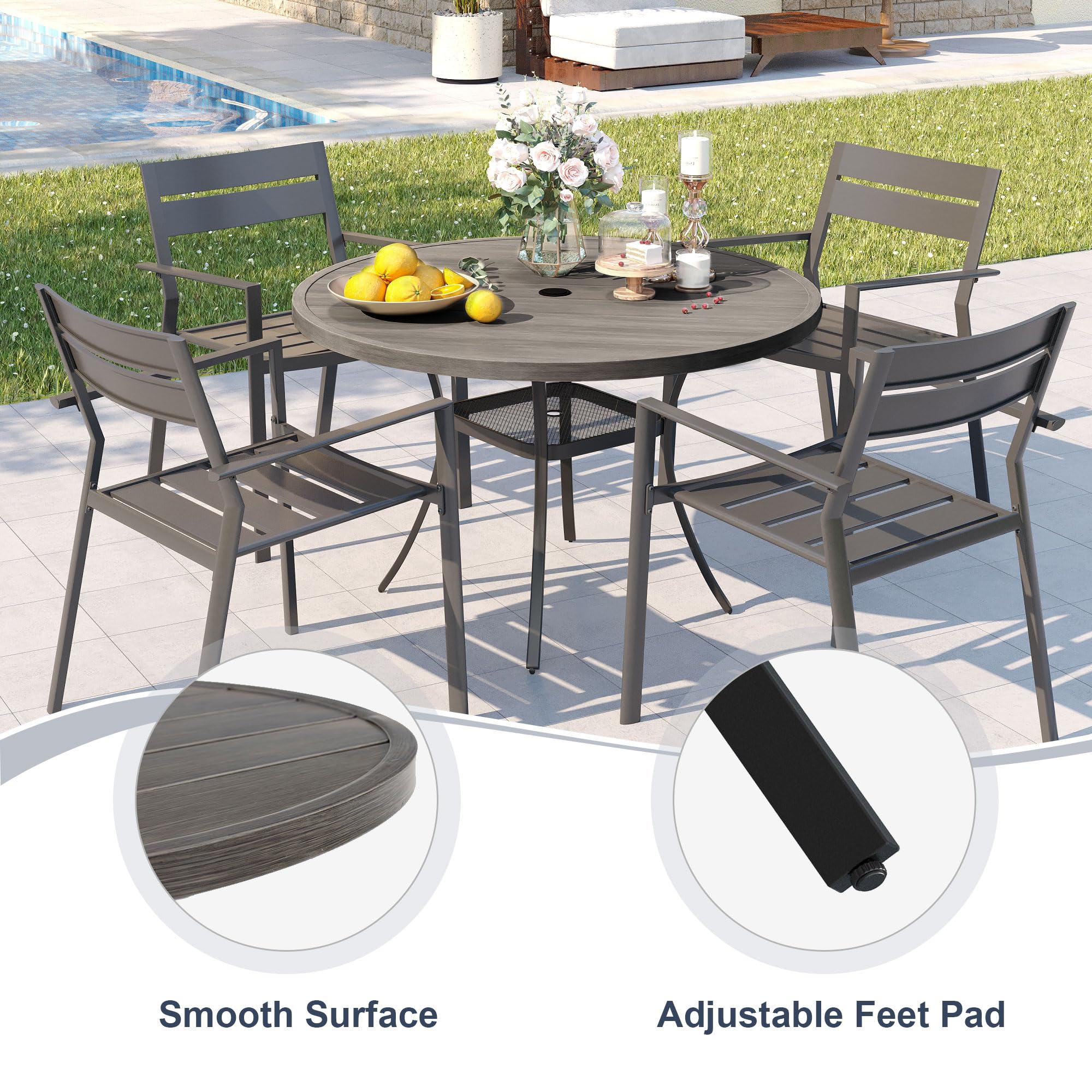 VICLLAX 40.6 Inch Round Metal Outdoor Dining Table with Umbrella Hole & Storage Shelf - Weather-Resistant Patio Table for 4 People, Perfect for Garden, Lawn, Deck, Backyard, BBQ & Outdoor Entertaining (Grey)