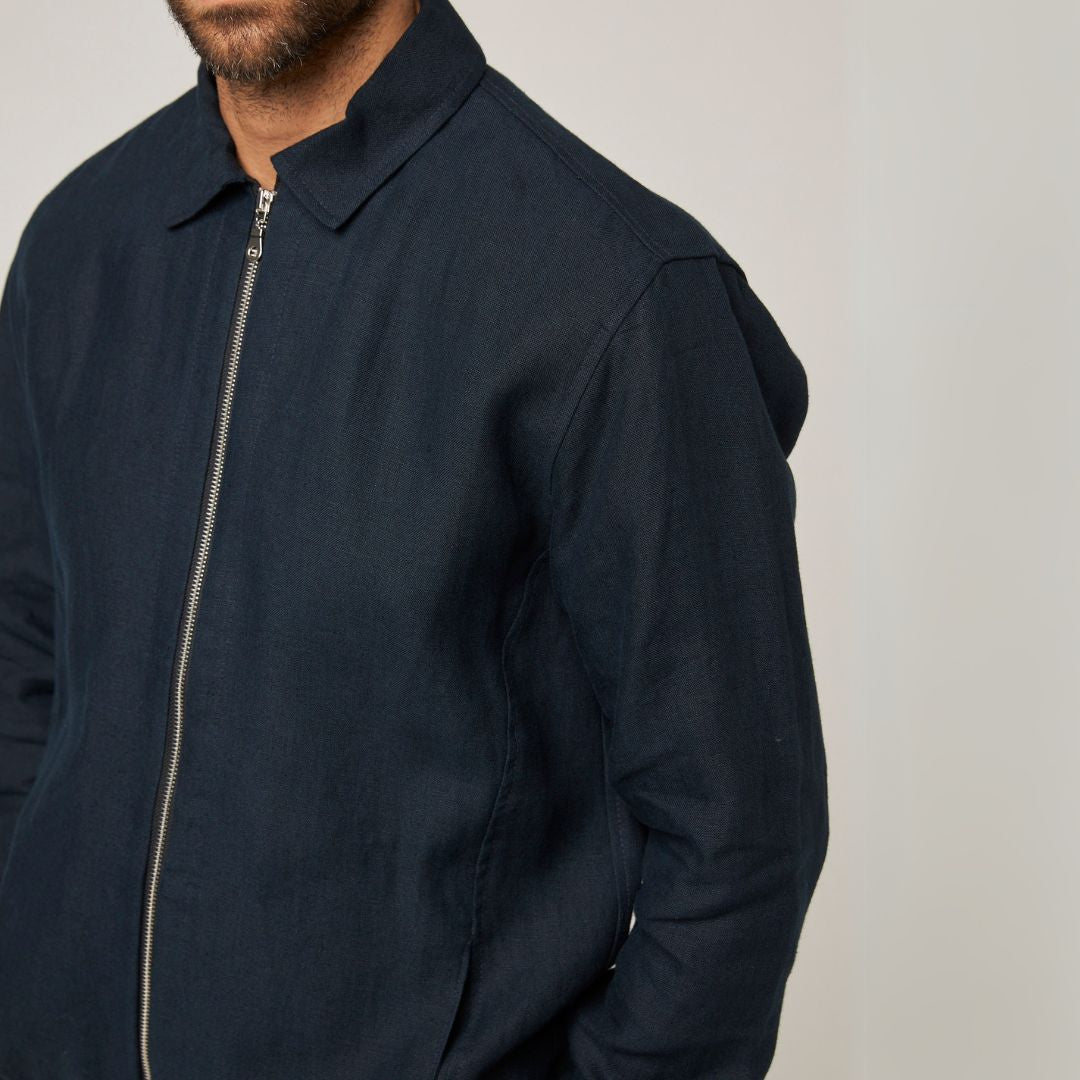 Navy Blue Linen Bomber Jacket for Men - Lightweight Summer Casual Blazer - Perfect for Outdoor Activities, Travel & Streetwear Fashion