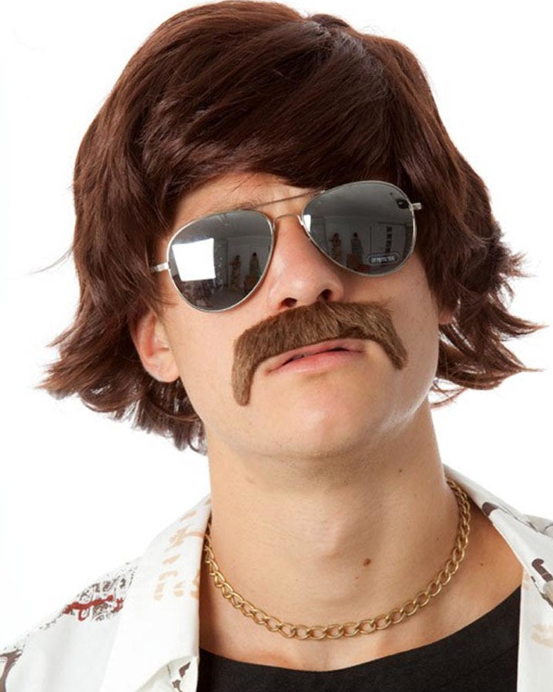 70s Shag Brown Wig and Mustache Set - Vintage Disco Costume Accessories for Halloween, Cosplay, and Themed Parties