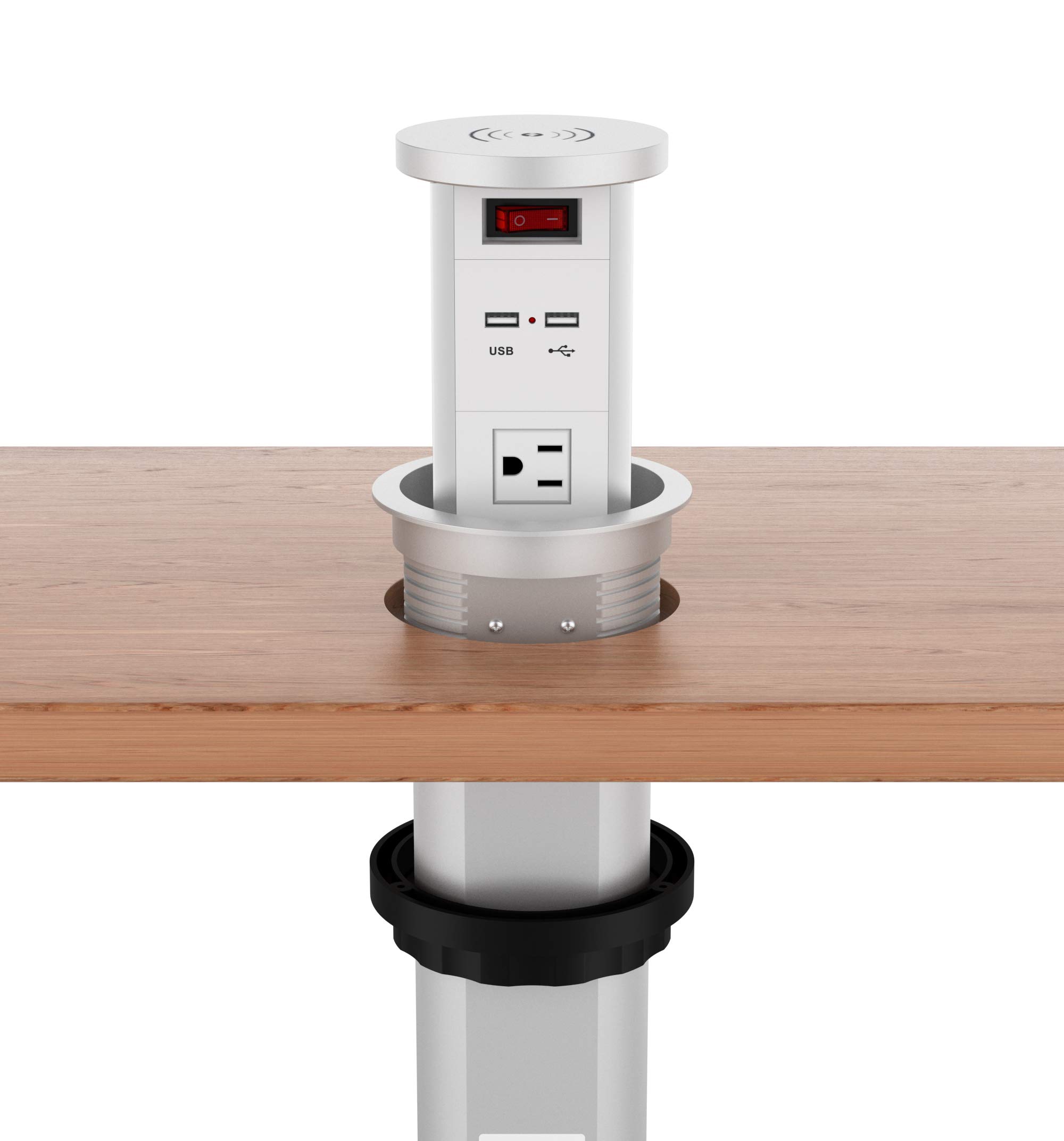 Automatic Pop-Up Surge Protector Outlet with 2 USB Ports & 3 AC Plugs - Retractable Hidden Power Strip with Wireless Charger for Kitchen Island, Conference Table, Office Desk - Perfect for Home, Office & Commercial Spaces
