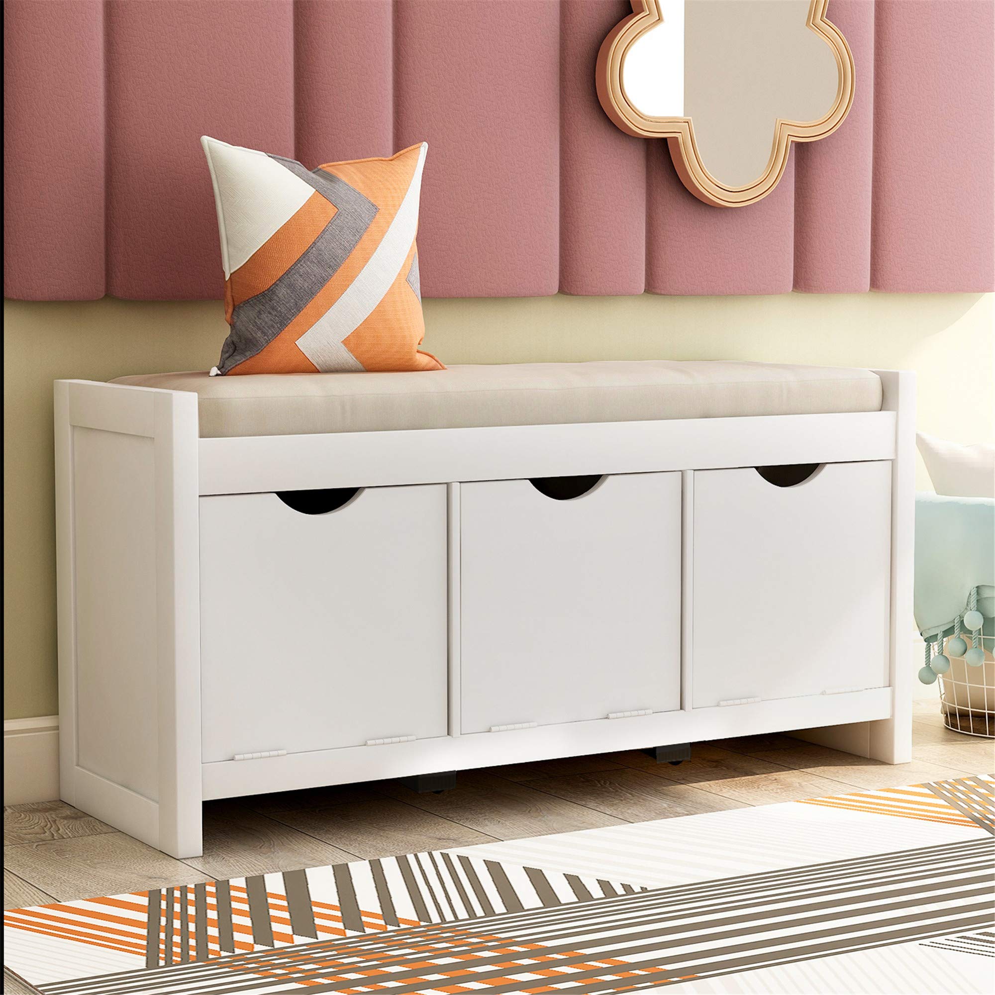 NORAN Storage Bench with Removable Cushion, 3 Flip-Lock Storage Cubbies - Entryway & Living Room Organizer, White | Perfect for Small Spaces, Hallway Seating & Shoe Storage