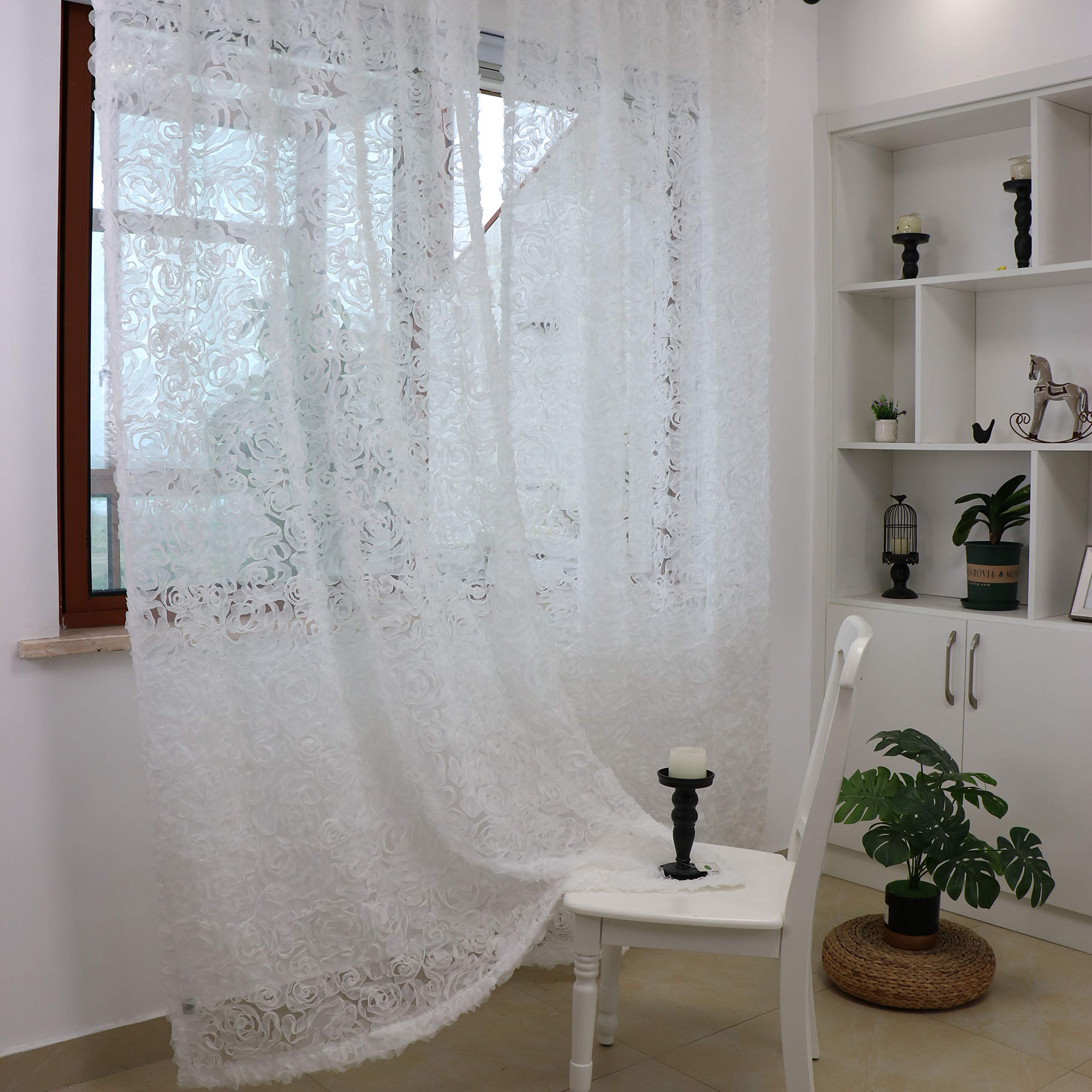 SLOW SOUL Set of 2 White 3D Rose Luxury Sheer Curtain Panels - 51W x 96L Inches with Rod Pocket - Elegant Drapes for Girls Bedroom, Living Room & Nursery - Perfect for Light Filtering and Privacy