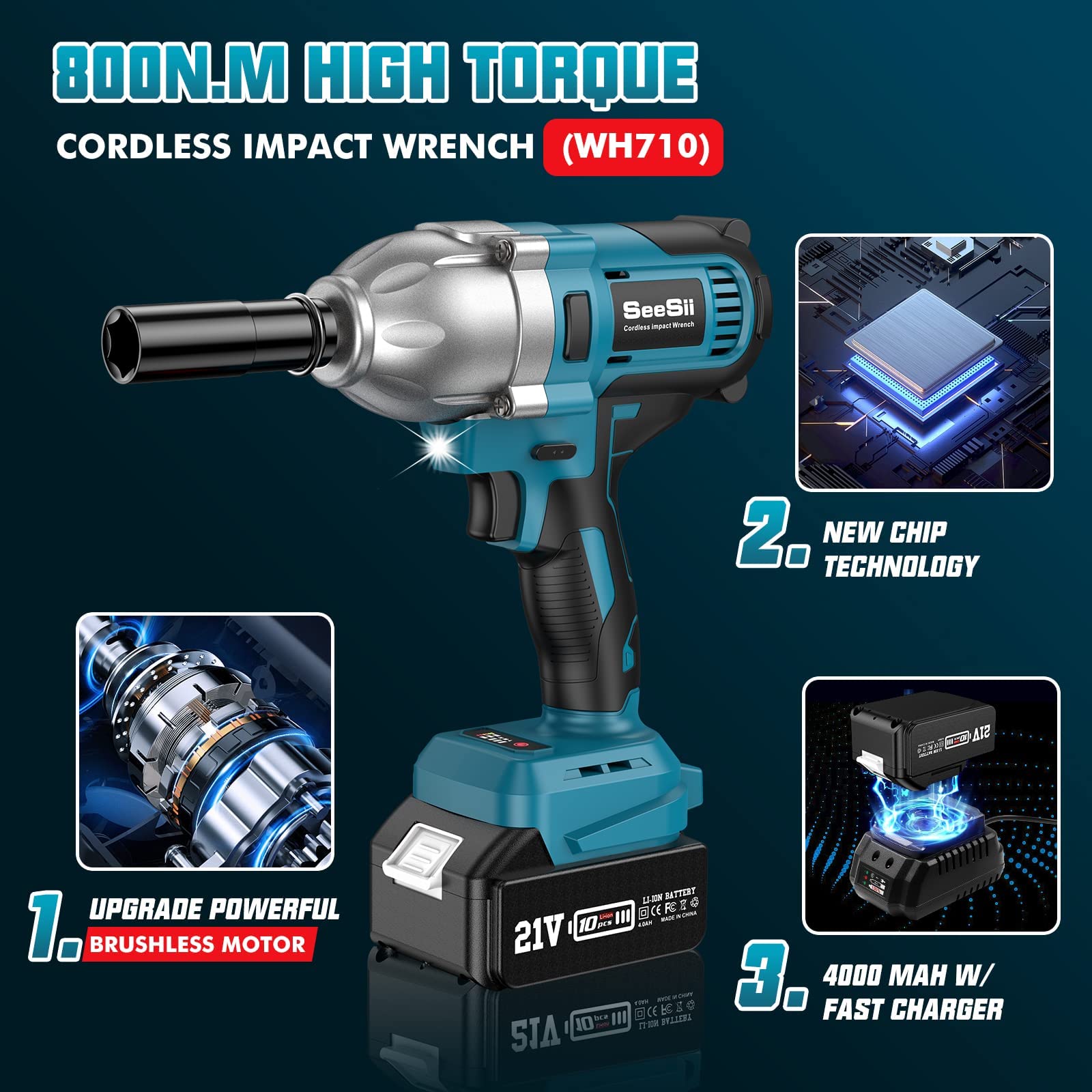 Seesii 1/2 Inch Cordless Impact Wrench 580Ft-lbs (800N.m) High Torque Brushless Electric Impact Gun with 2X 4.0Ah Batteries, Fast Charger & 6 Sockets - Perfect for Car Tire Changes, Home Repairs & DIY Automotive Projects