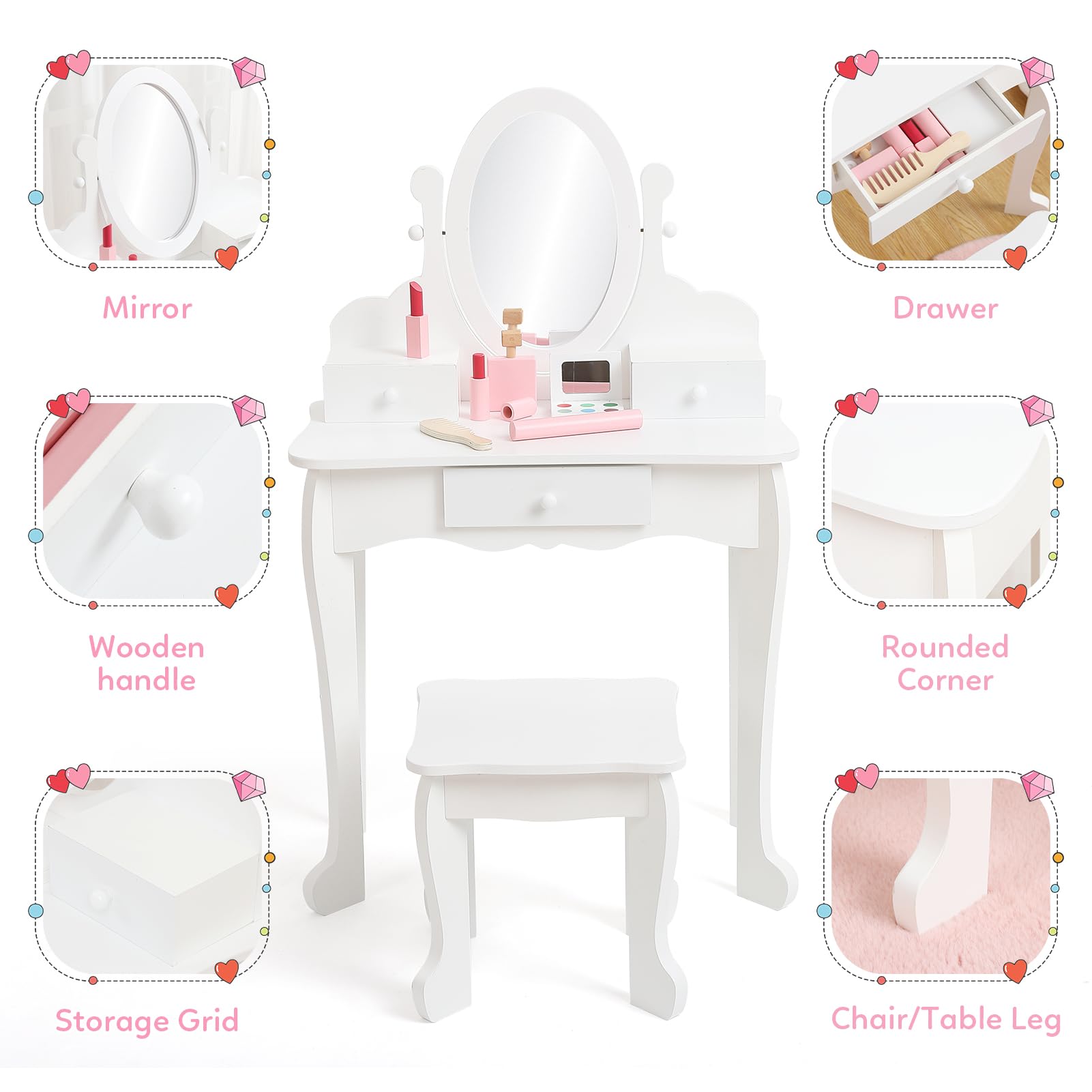 **White Wooden Kids Vanity Set with Mirror, Makeup Table & Stool - Princess Dress-Up Play Set for Girls Ages 4-9 - Perfect for Birthday Gifts, Pretend Play & Bedroom Decor**