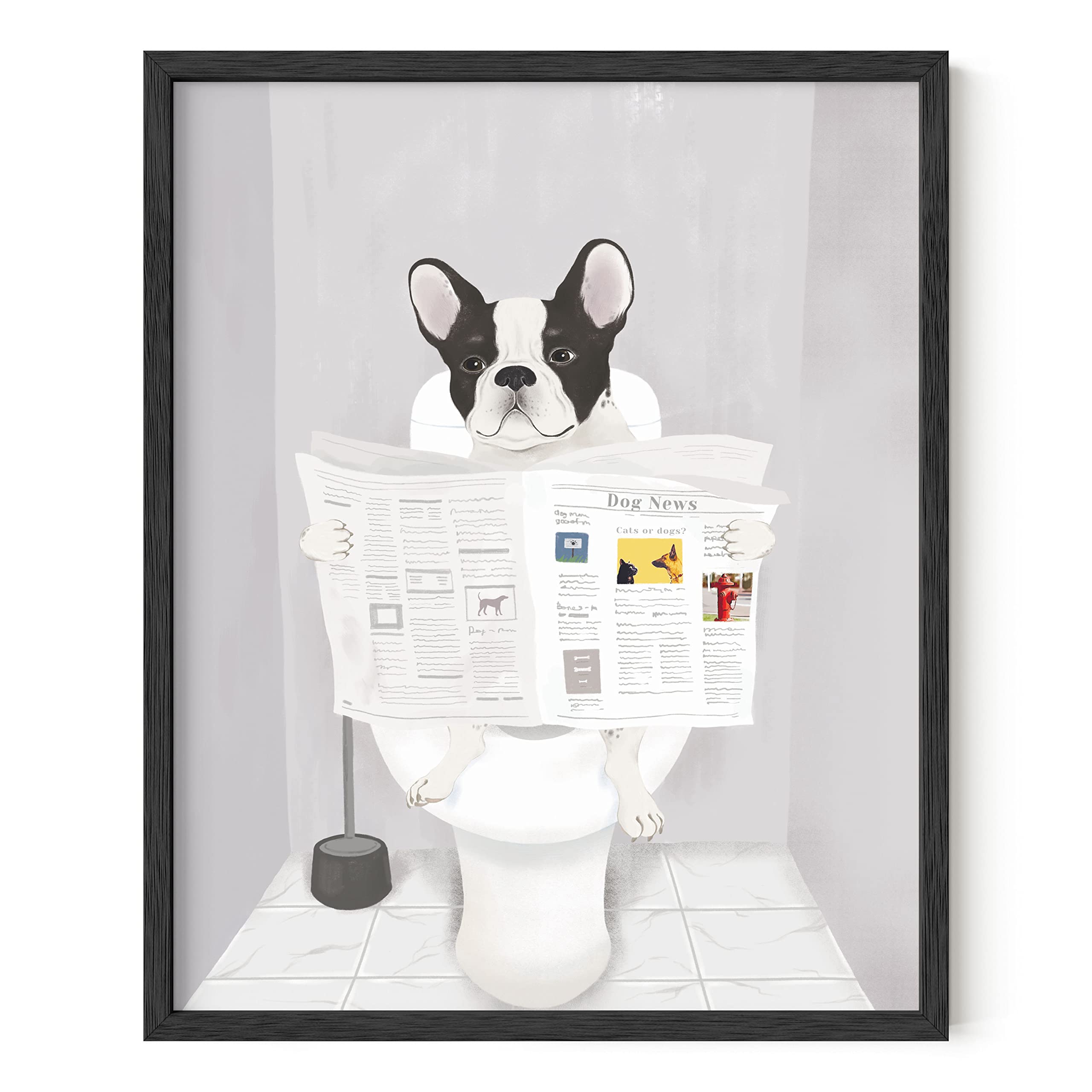 Funny Dog Bathroom Wall Art - French Bulldog in Bathroom Poster | Black Framed 16x20 Animal Decor for Bathroom, Living Room & Office | Cute Pet Lover Gift Idea