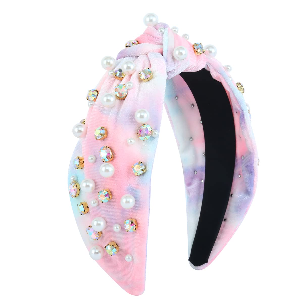 FEDANS Women's Knotted Headbands with Pearl & Rhinestone Embellishments - Pink & Green Velvet Hair Accessories for Elegant Ladies | Perfect for Weddings, Parties & Everyday Fashion
