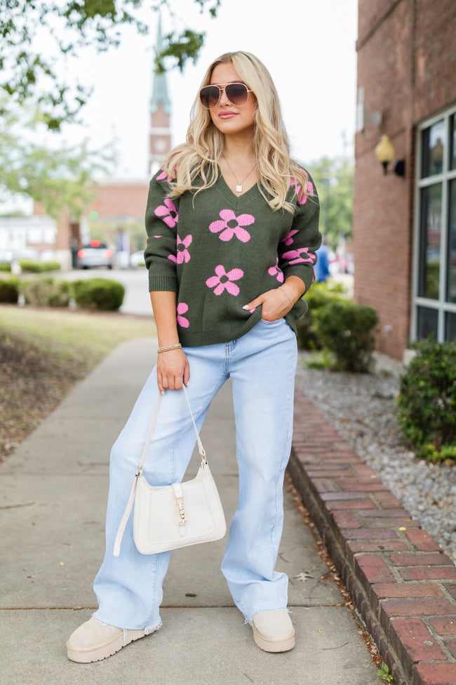 Olive & Pink Floral V-Neck Sweater for Women | Cozy Knit Pullover | Perfect for Fall & Winter Layering | Casual Outfits & Date Nights