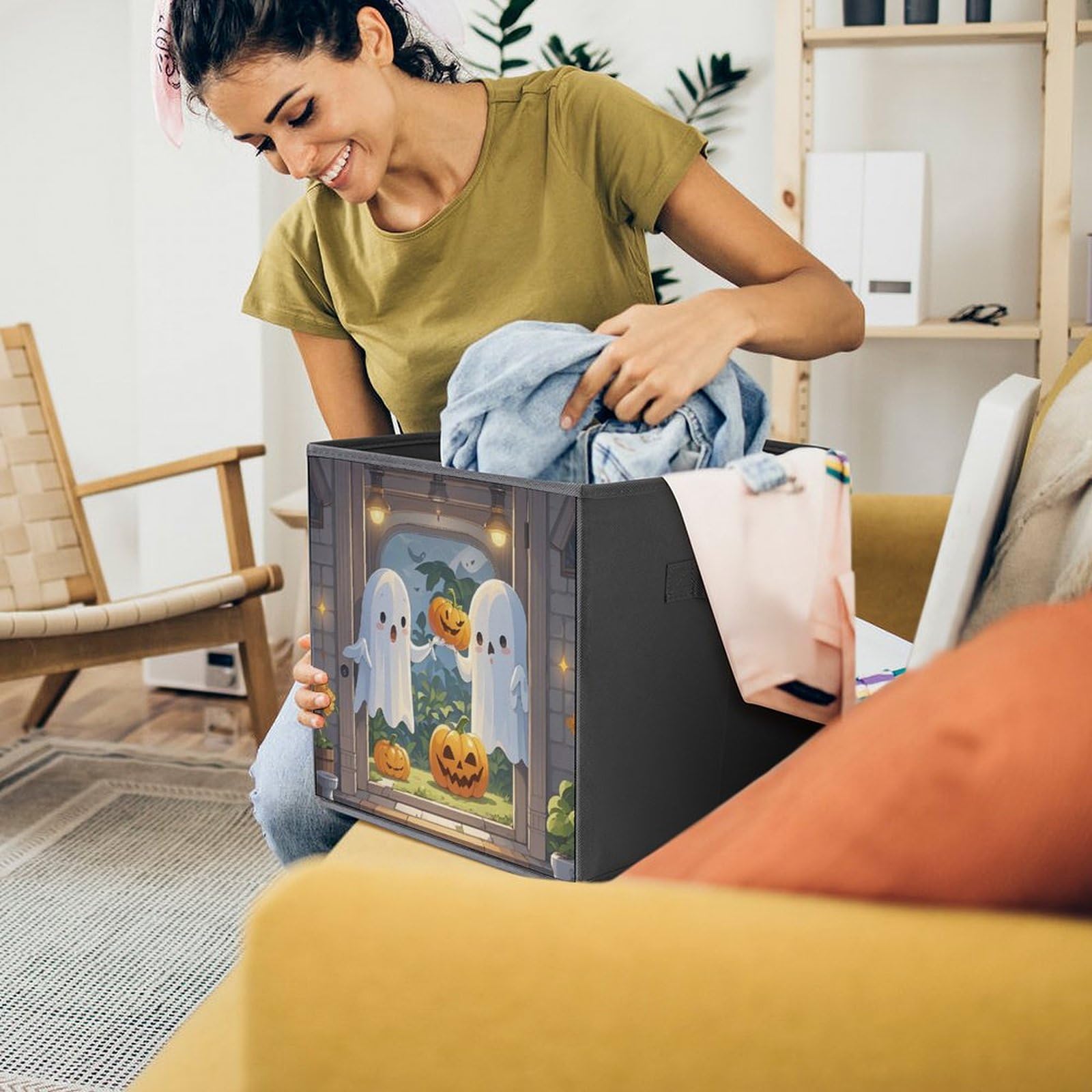 Foldable Storage Bins with Handle - Large Capacity Ghost Printed Organizer for Playroom, Office & Home