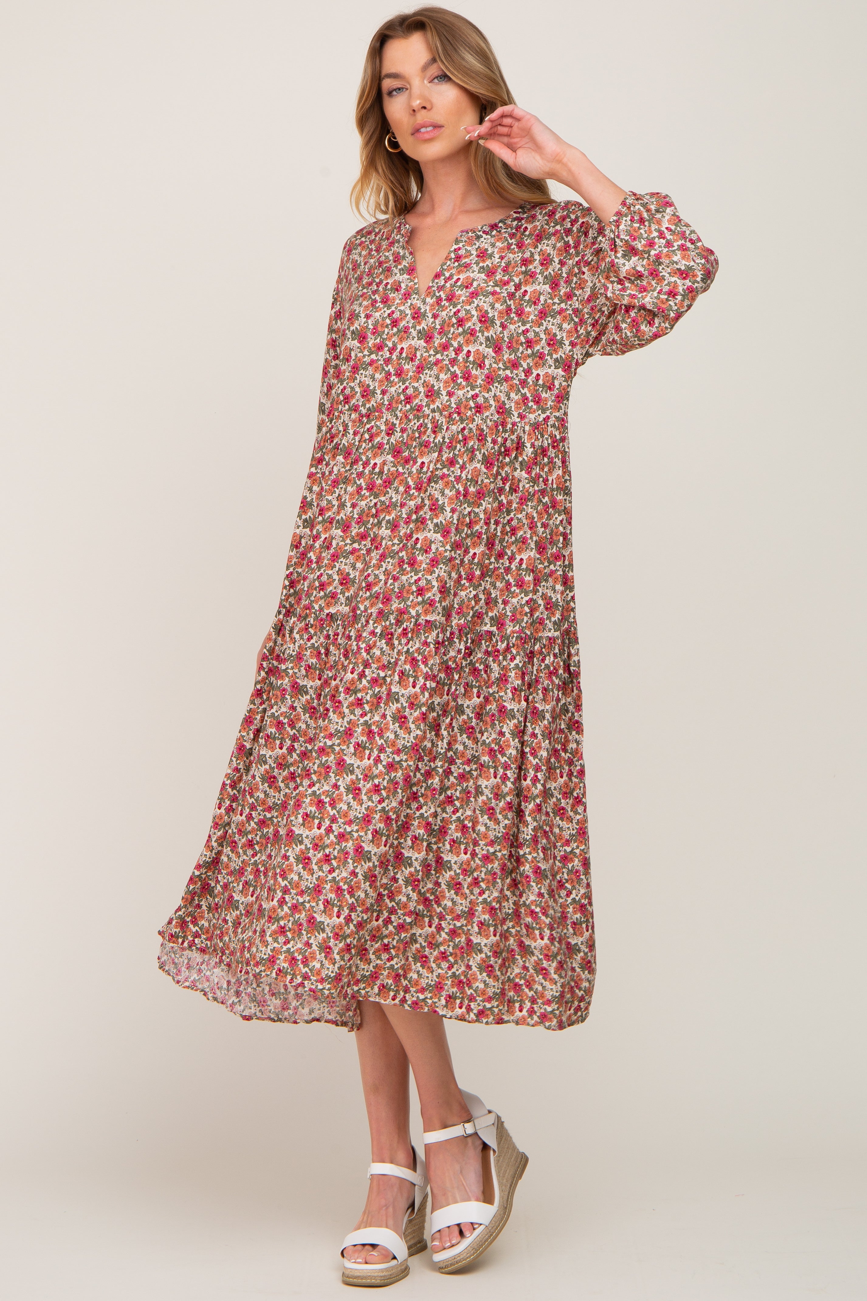 Beige Floral Tiered Midi Dress for Women - Elegant Summer Casual Dress with Pockets | Perfect for Brunch, Date Night & Beach Vacations