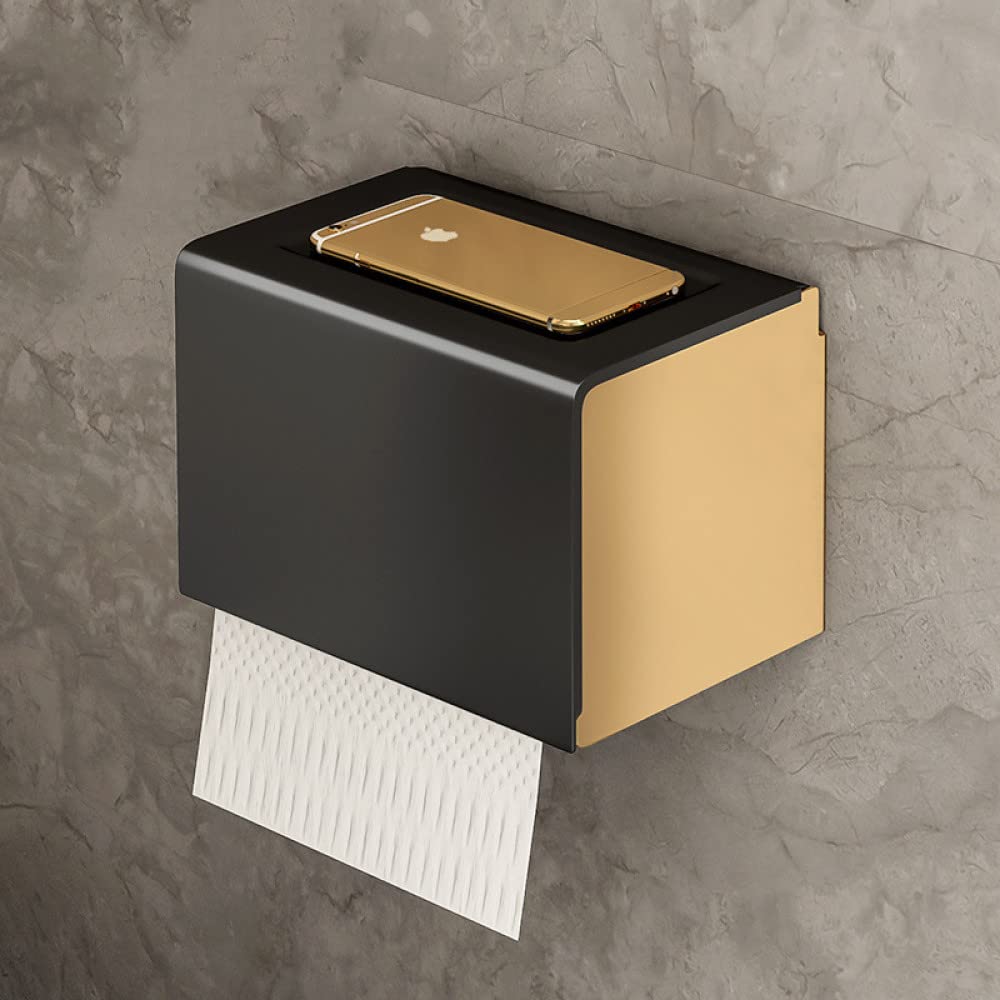 No-Drill Toilet Paper Holder with Phone Shelf - Wall Mount Bathroom Tissue Roll Dispenser - Black & Gold Finish - Space-Saving Bathroom Accessory - Perfect for Small Bathrooms, Apartments & RVs