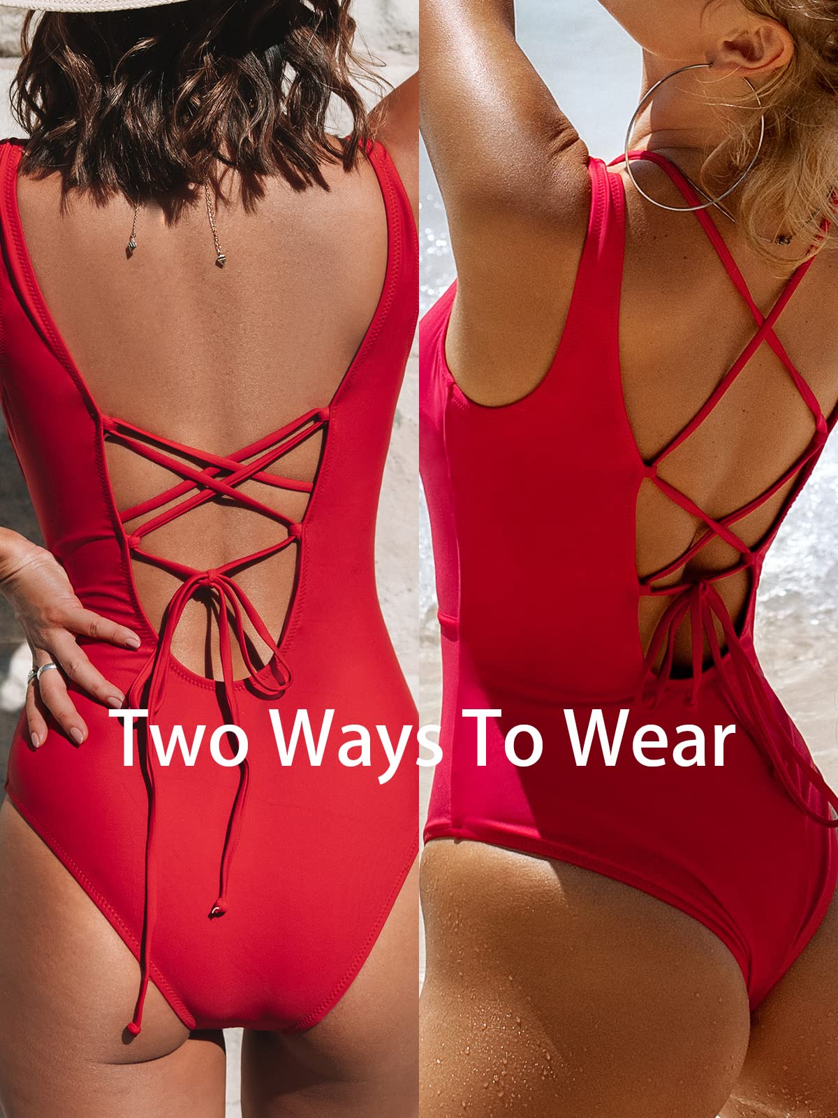 CUPSHE Women's One Piece Swimsuit - Red Strappy Lace Up Monokini with O-Ring Detail | Sexy Bathing Suit for Beach, Pool Party & Summer Vacation