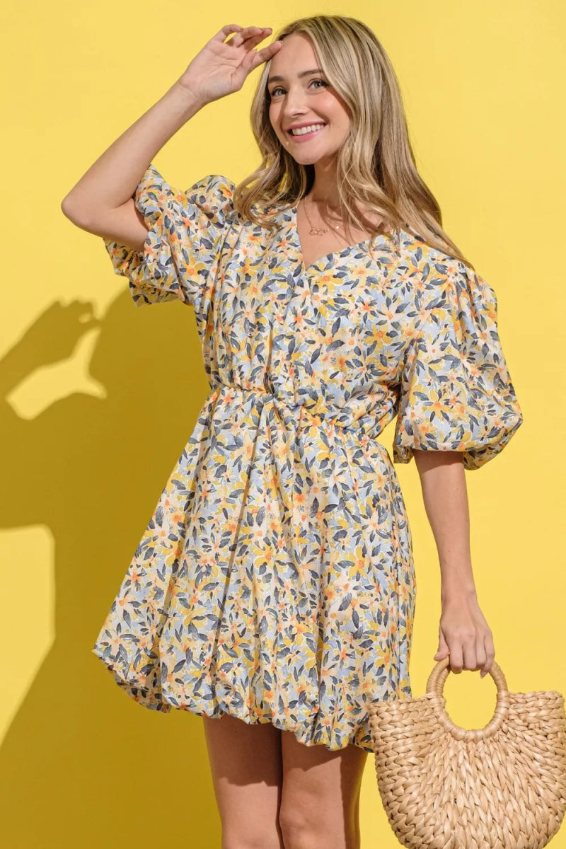 Full Size Floral Surplice Puff Sleeve Dress for Women - Elegant Summer Party & Wedding Guest Outfit