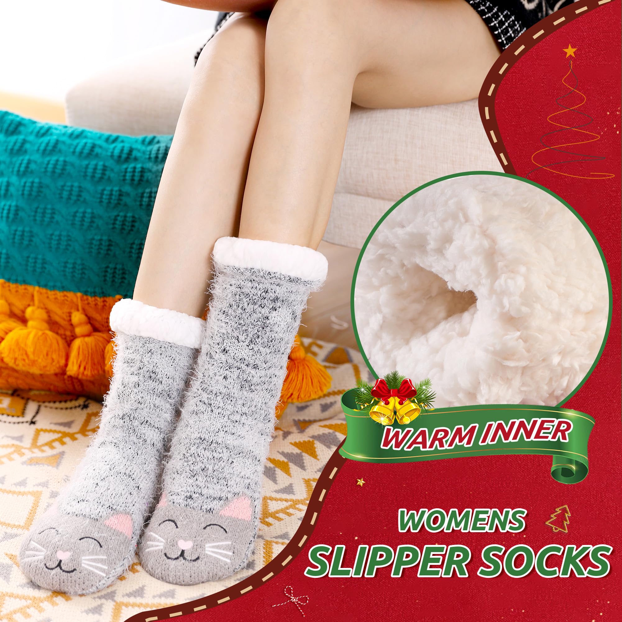 Women's Winter Socks - Warm Knit Anti-Slip Fuzzy Slipper Socks with Cute Animal Designs for Indoor/Outdoor Wear - Perfect for Home, Office & Cold Weather Comfort