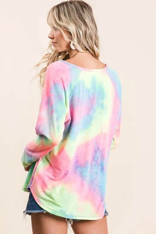 Bibi Tie Dye Terry Top with Contrast Stitching - Soft Pastel Colors | Women's Casual Loungewear for Summer & Beach