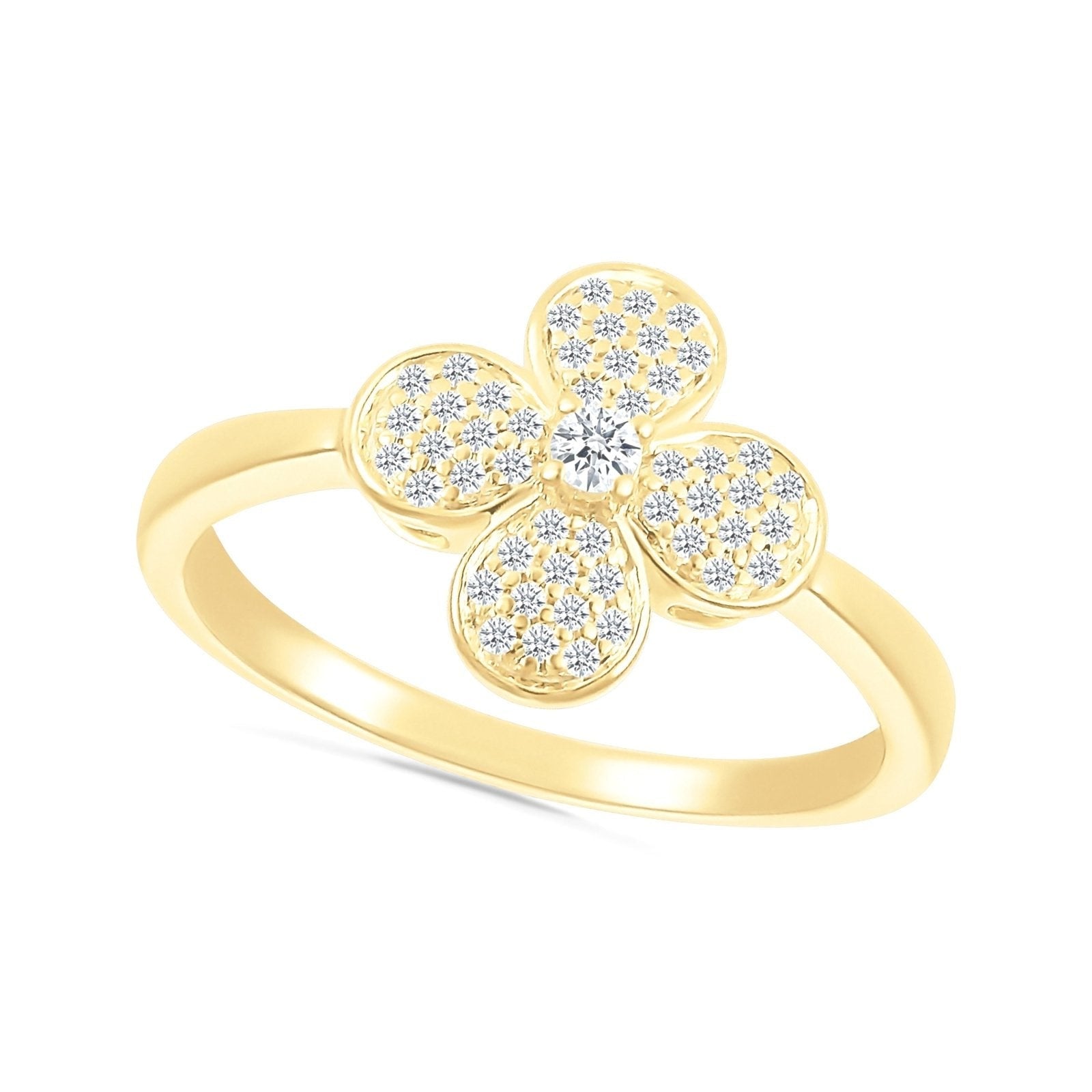 10k Yellow Gold Four Petal Flower Diamond Cocktail Ring - Elegant Dainty Floral Jewelry for Women, Perfect for Parties, Weddings & Special Occasions