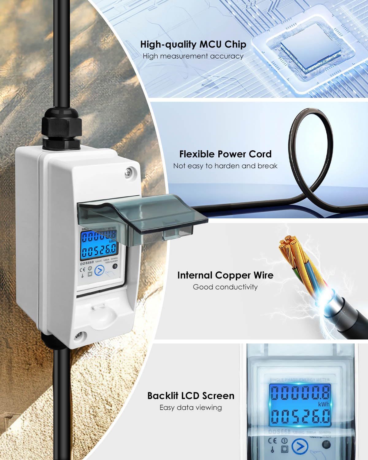 Smart Home Energy Monitor for RV, EV Charger & Outdoor Generators | 110V Pass-Through Power Usage Meter with IP65 Waterproof Rating | Perfect for Camping, Off-Grid Living & Home Energy Management