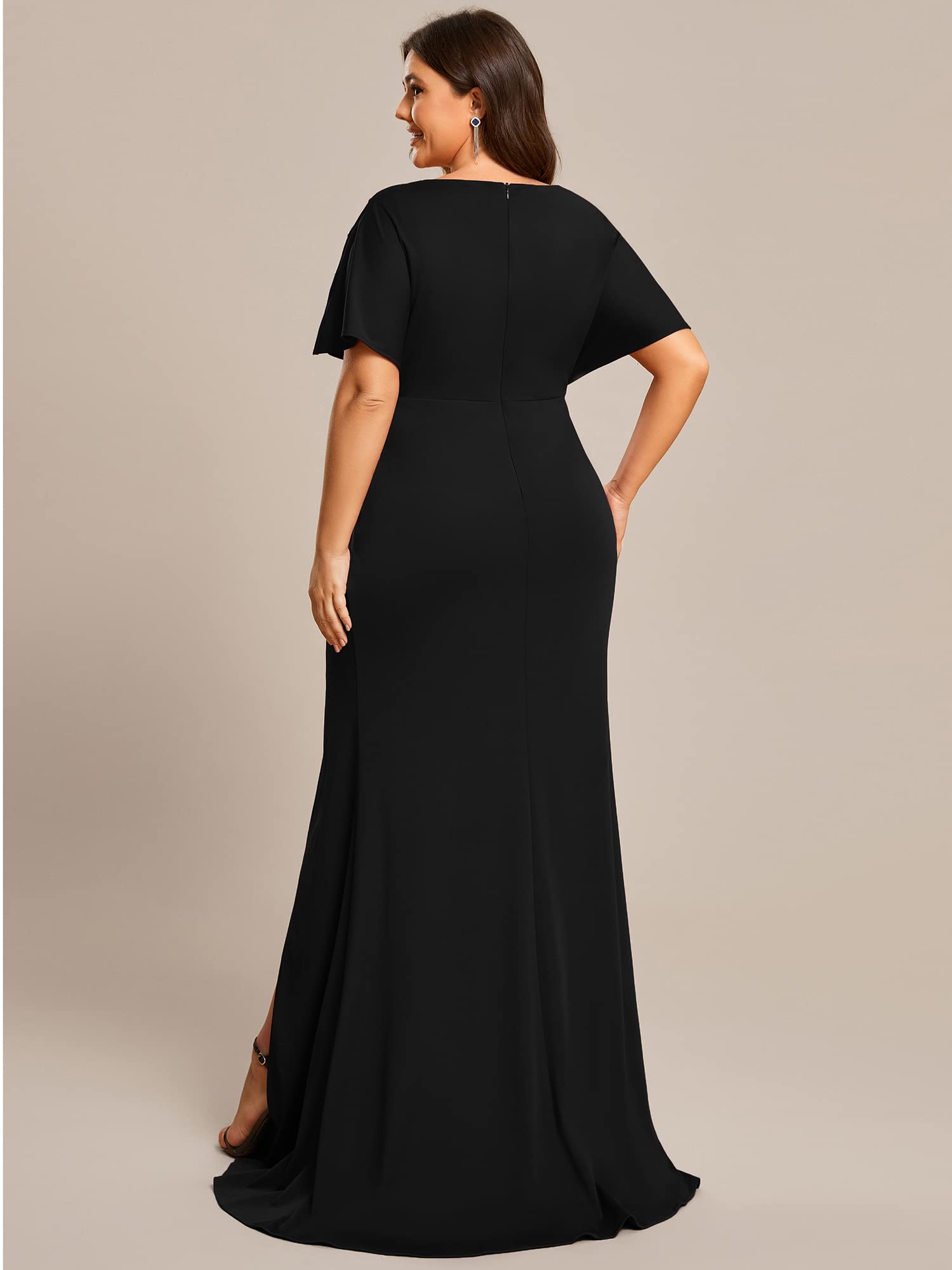 Ever-Pretty Women's Plus Size V-Neck Sequin Sleeve Pleated High Slit Evening Dress - Elegant Hollow Out Design for Prom, Party & Special Occasions