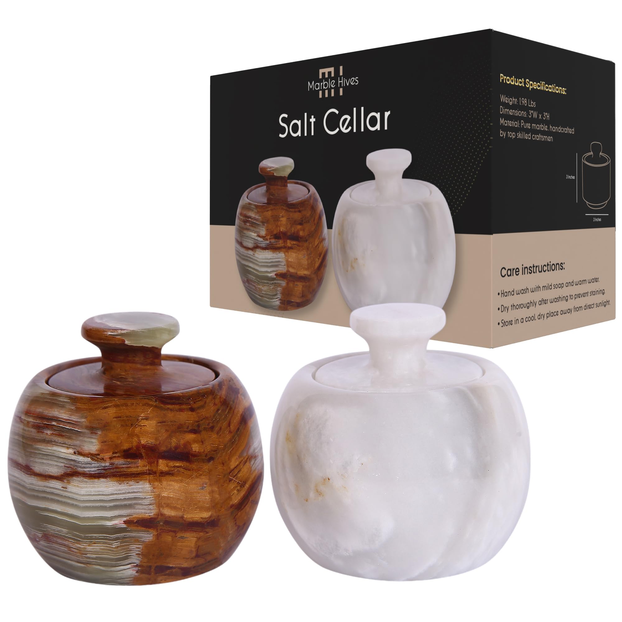 Premium Marble Salt Cellar with Lid - Set of 2 Elegant Marble Salt and Pepper Bowls - Airtight Spice Holder for Salt, Pepper, Paprika & Seasonings (Onyx Green & White, Style 02) - Perfect for Kitchen, Dining Table & Gourmet Cooking