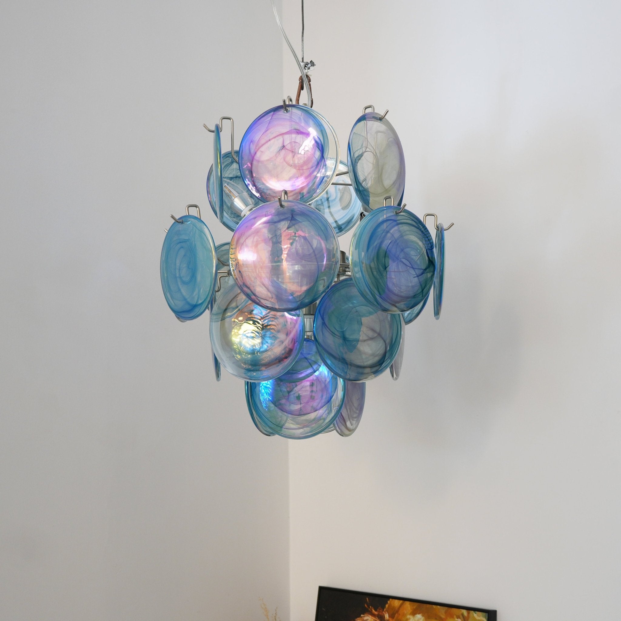 Blue Murano Glass Disc Chandelier - Elegant Ceiling Light Fixture for Dining Room, Living Room & Bedroom Decor
