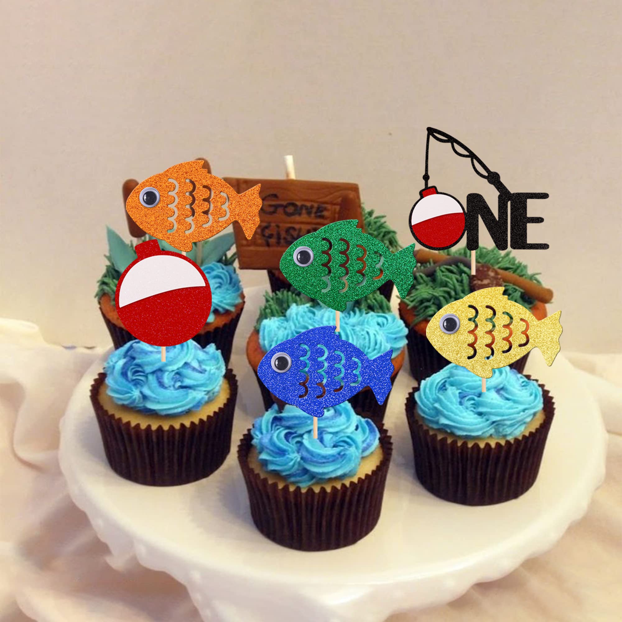 24 PCS 3D Eye Glitter Fishing Bobber Cupcake Toppers - The Big One Fisherman Cupcake Picks for Fishing Theme Party, Baby Shower, Kids 1st Birthday, Anniversary Cake Decorations - Perfect for DIY Baking and Party Supplies