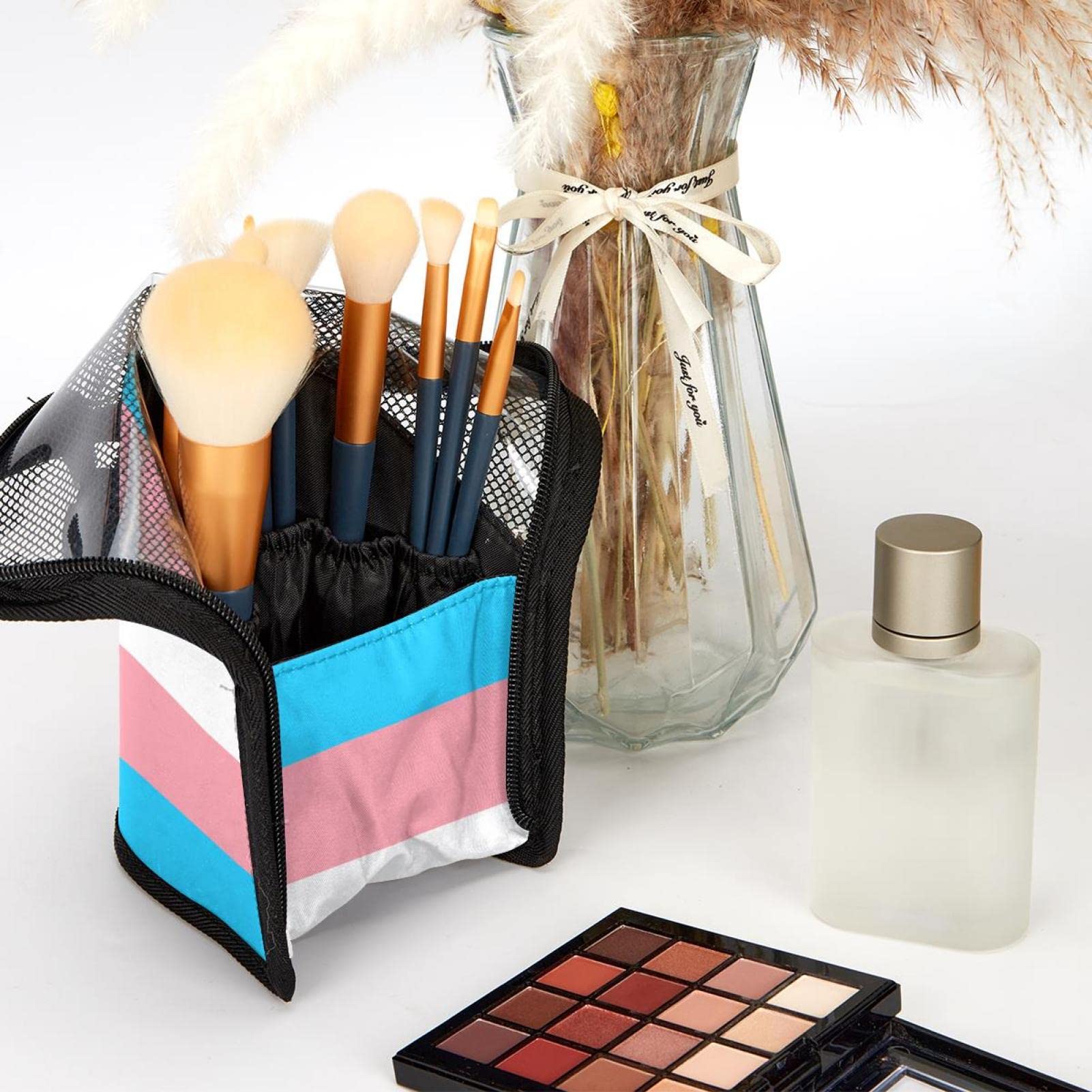 Premium 12-Piece Makeup Brush Organizer Bag - Pink & Blue Stripe Portable Brush Holder Case for Travel & Home Storage | Ideal for Makeup Artists & Beauty Enthusiasts