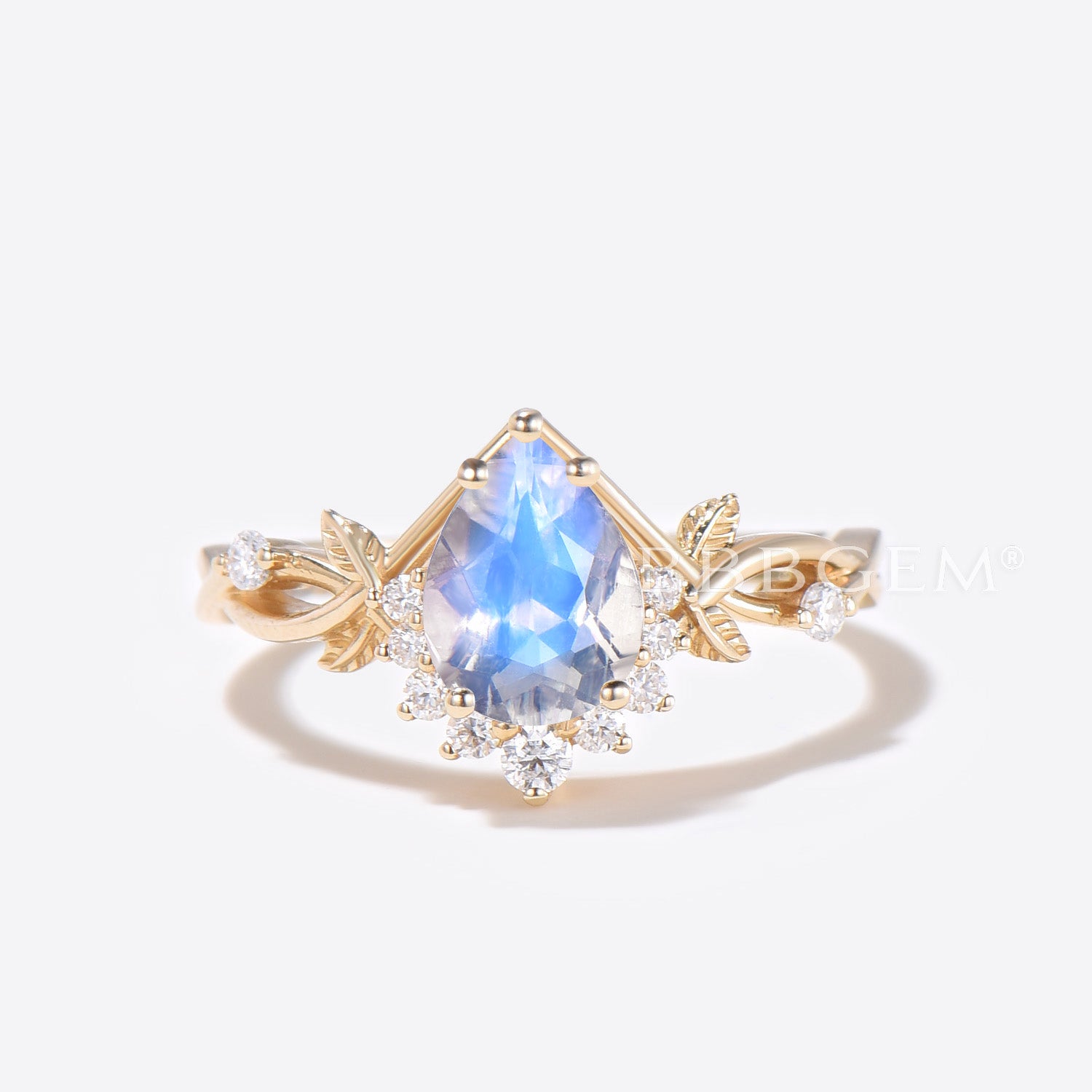 Rainbow Moonstone Teardrop Engagement Ring with Gold Leaf Vine Design - Vintage Bridal Jewelry Set for Weddings, Anniversaries & Special Occasions