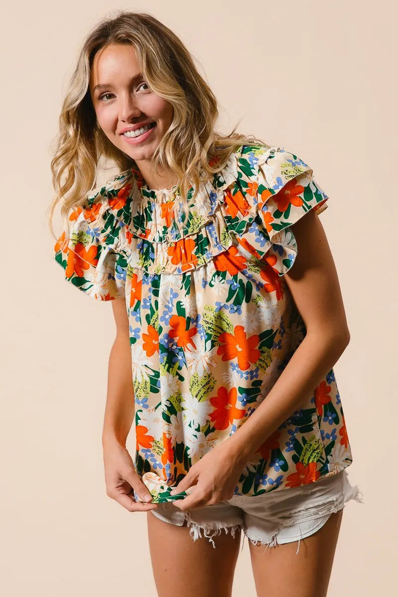 BiBi Women's Floral Print Woven Blouse - Casual Short Sleeve Summer Tops for Beach, Vacation & Everyday Wear