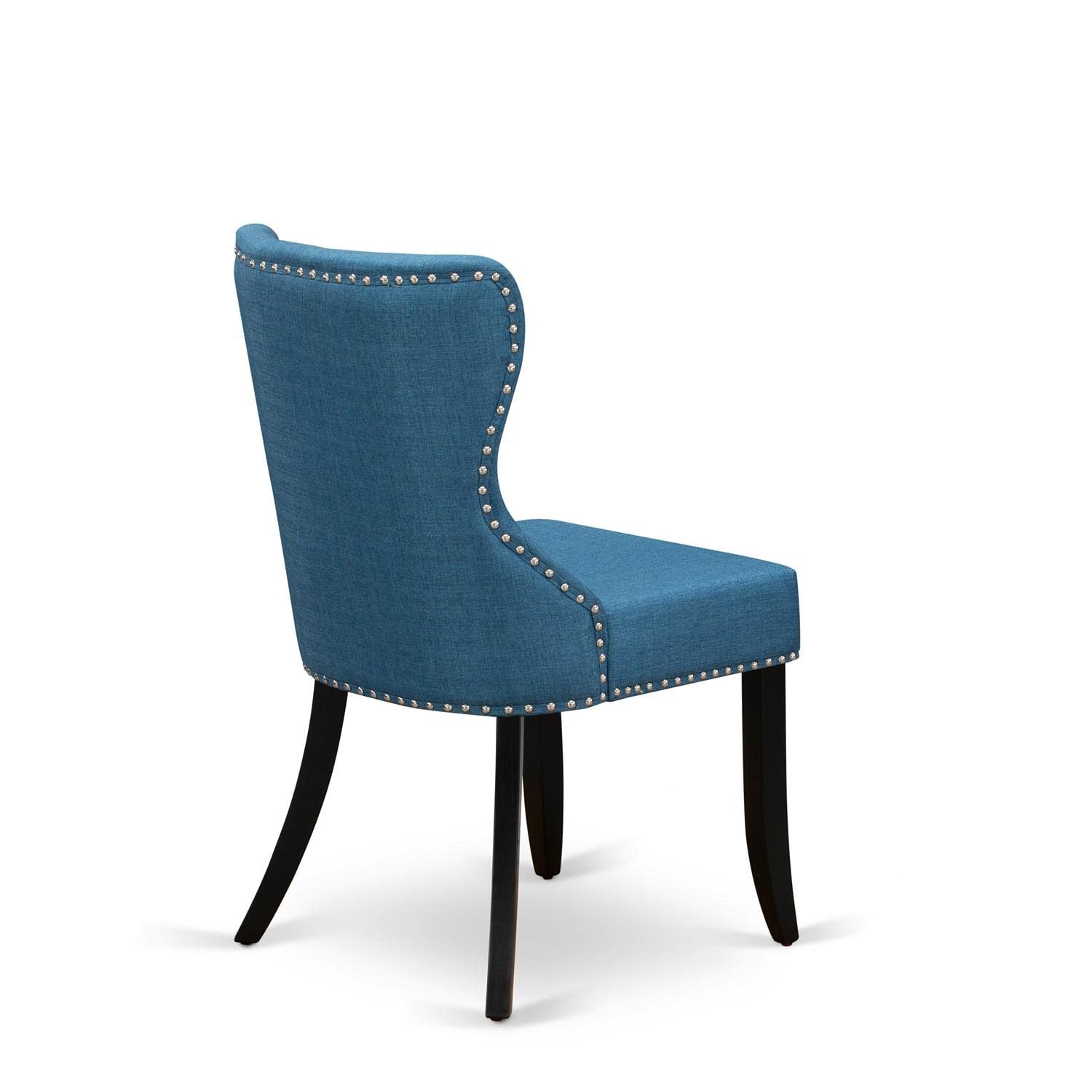East West Furniture Sion Parson Dining Room Chairs - Set of 2 Blue Linen Upholstered Button Tufted Chairs with Nailhead Trim, Black | Elegant Dining Room Seating for Home & Restaurant Use