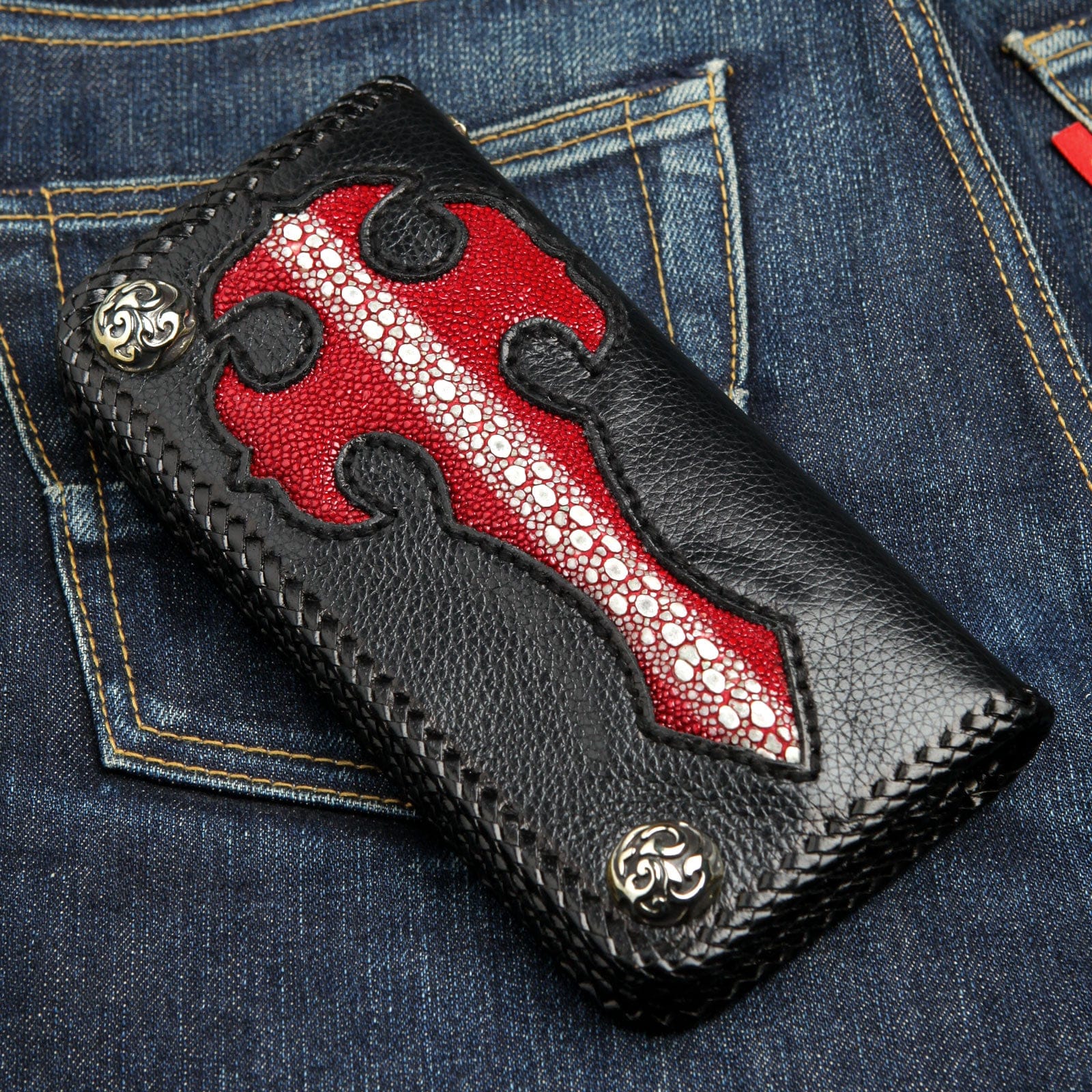 Genuine Stingray Leather Red Gothic Cross Biker Chain Wallet - Perfect for Motorcycle Riders, Gothic Fashion & Punk Style Accessories