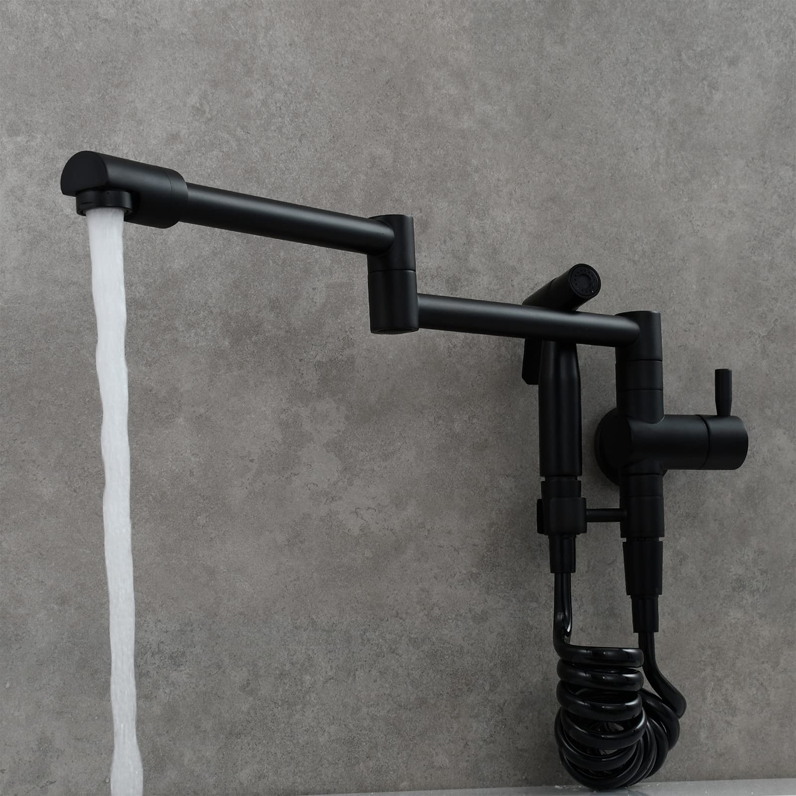 Biveah Brass Black Pot Filler Faucet - Retractable Wall Mount Kitchen Sink Faucet with Side Sprayer & Single Handle (Model KLB002B) - Perfect for Commercial Kitchens & Home Cooking Stations