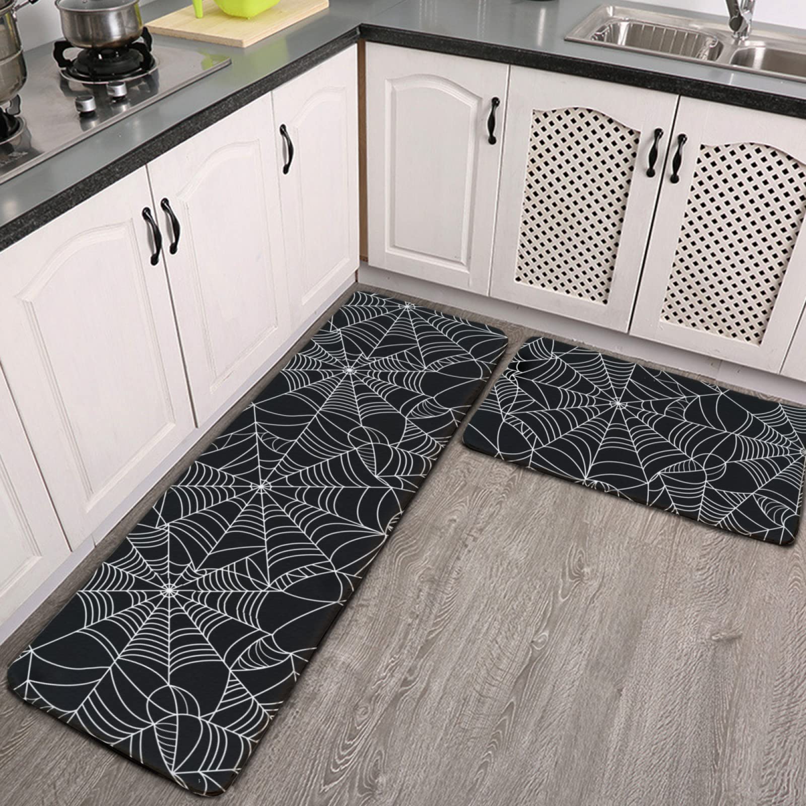 Halloween Spider Web Kitchen Rug Set - 2 PCS Non-Slip Washable Flannel Floor Mats with Black & White Spider Pattern for Kitchen, Bathroom, Laundry - Perfect for Halloween Decor & Home Safety