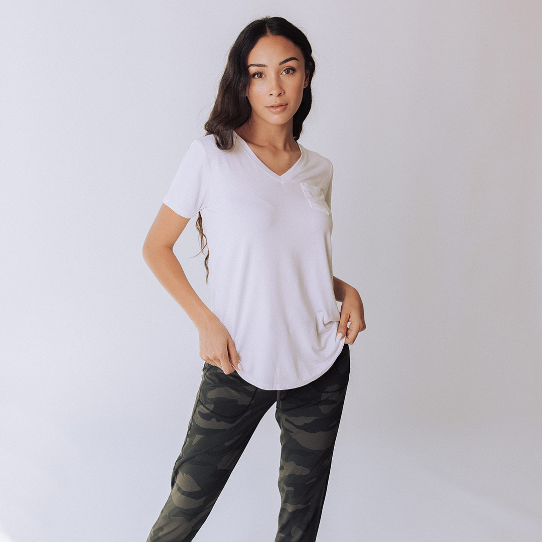 Soft & Breathable Bamboo V-Neck T-Shirt for Women - Eco-Friendly White Basic Tee - Perfect for Casual Wear, Yoga & Everyday Comfort