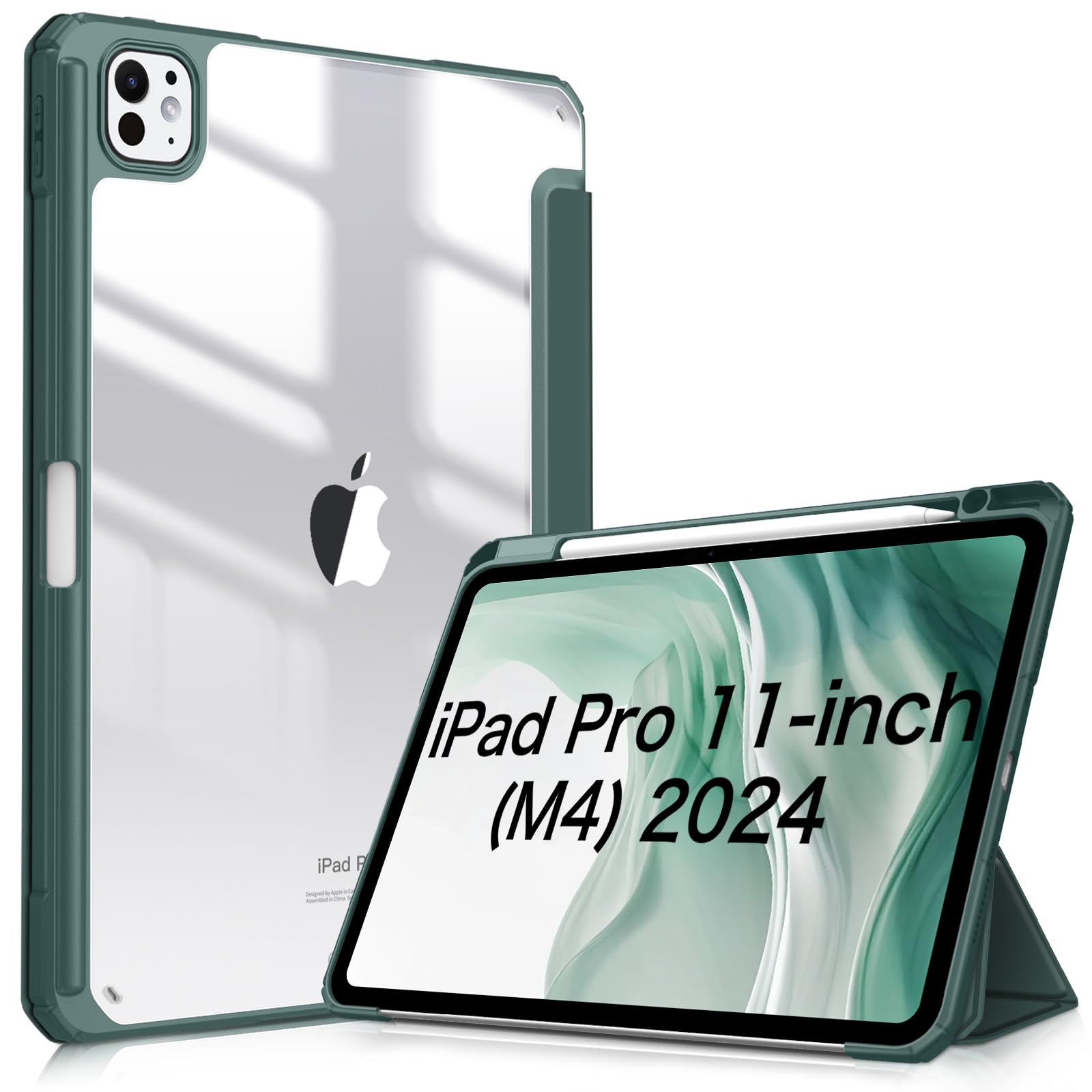Fintie Hybrid Slim Shockproof Case for iPad Pro 11-inch M4 (2024) - Clear Transparent Back Cover with Built-in Apple Pencil Holder | Auto Wake/Sleep Feature | Midnight Green | Perfect for Work, Travel & Home Use