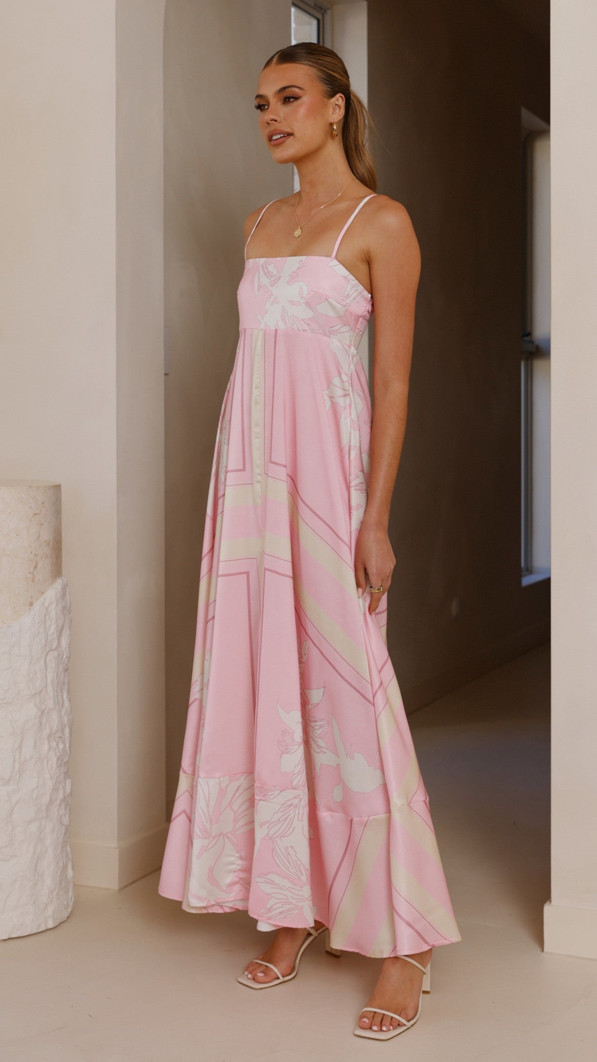Kaethe Maxi Dress for Women - Flowy Pink & White Summer Long Dress | Perfect for Beach, Vacation & Casual Outings