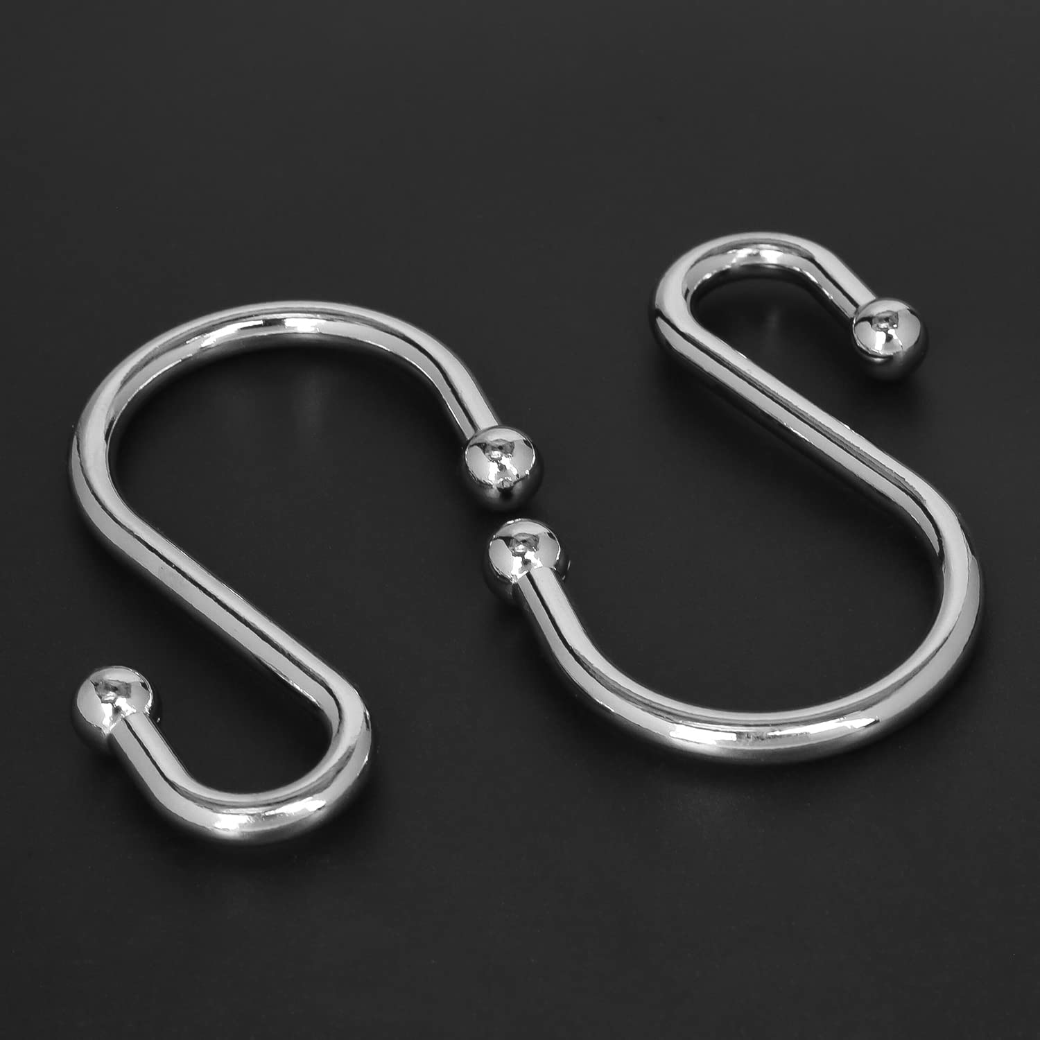 12-Pack Rust-Proof S-Shaped Shower Curtain Hooks - Decorative Chrome Shower Rings & Multi-Purpose Hangers for Bathroom, Kitchen, Closet Organization