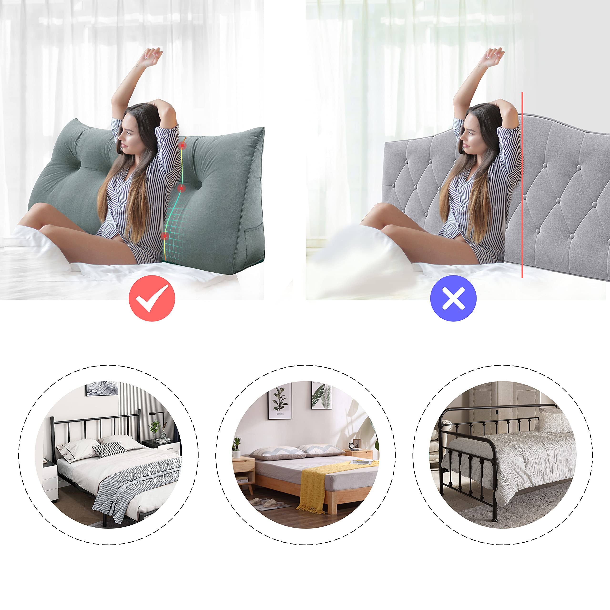 WOWMAX King Size Upholstered Headboard Pillow - Button Tufted Triangular Fabric Headboard with Removable Washable Velvet Cover (100% Cotton, Grey) - Perfect for Dorm Rooms, Bedrooms & Home Decor