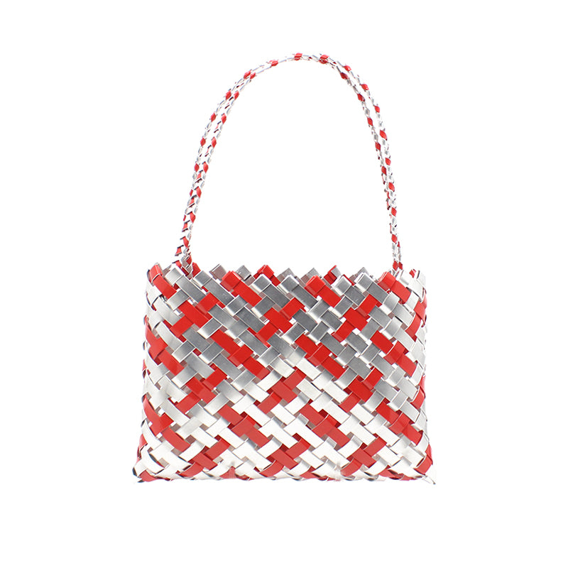 Anna Gedson Whakatōhea Silver and Red Aluminum Kete - Handcrafted Maori Style Basket for Home Decor, Gift Giving & Cultural Displays