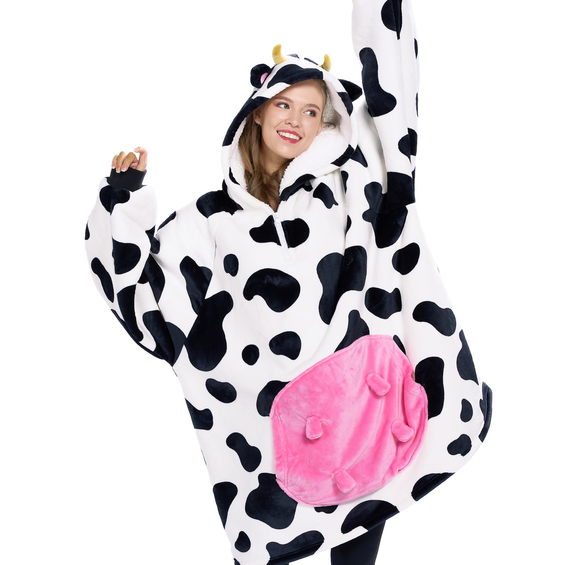 Giggling Getup Cow Wearable Blanket Hoodie - Oversized Soft Sherpa Fleece Hooded Blanket Sweatshirt for Adults - Warm Cozy Plush Flannel Blanket with Giant Pockets & Sleeves - Perfect for Lounge, Netflix Nights & Winter Comfort (Women & Men)
