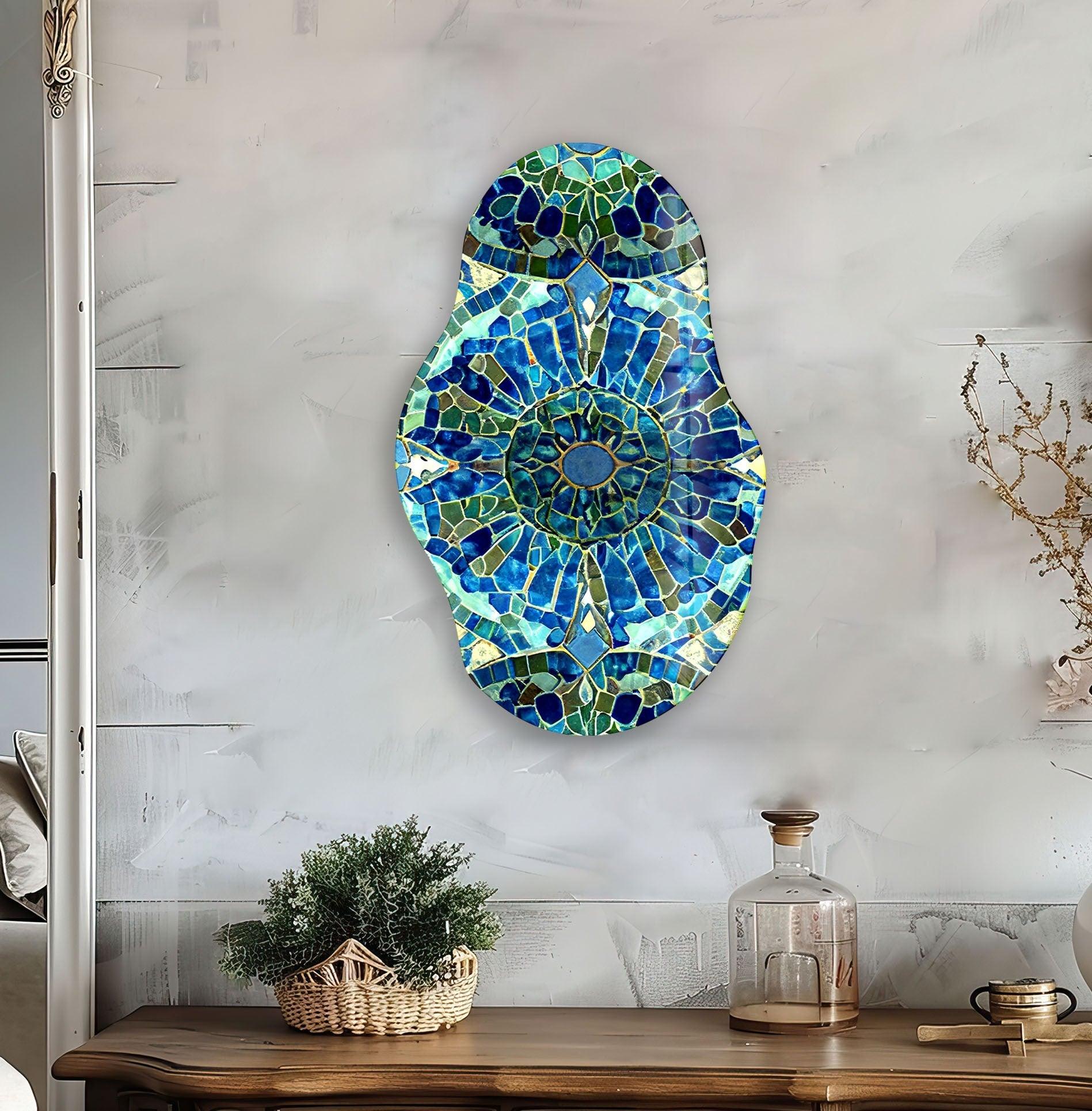 Handmade Asymmetrical Blue Mosaic Glass Wall Art - Modern Abstract Home Decor for Living Room, Bedroom & Office