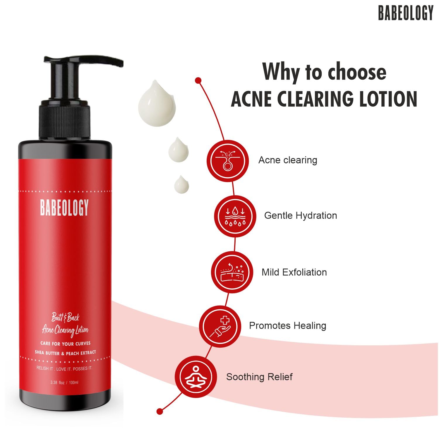 Babeology Back and Bum Acne Clearing Lotion 100ml - Butt Acne Treatment & Dark Spot Removal Cream with Shea Butter & Peach Extract | Effective Scar Fading & Skin Brightening | Perfect for Body Acne, Blemish Care & Smooth Skin Routine