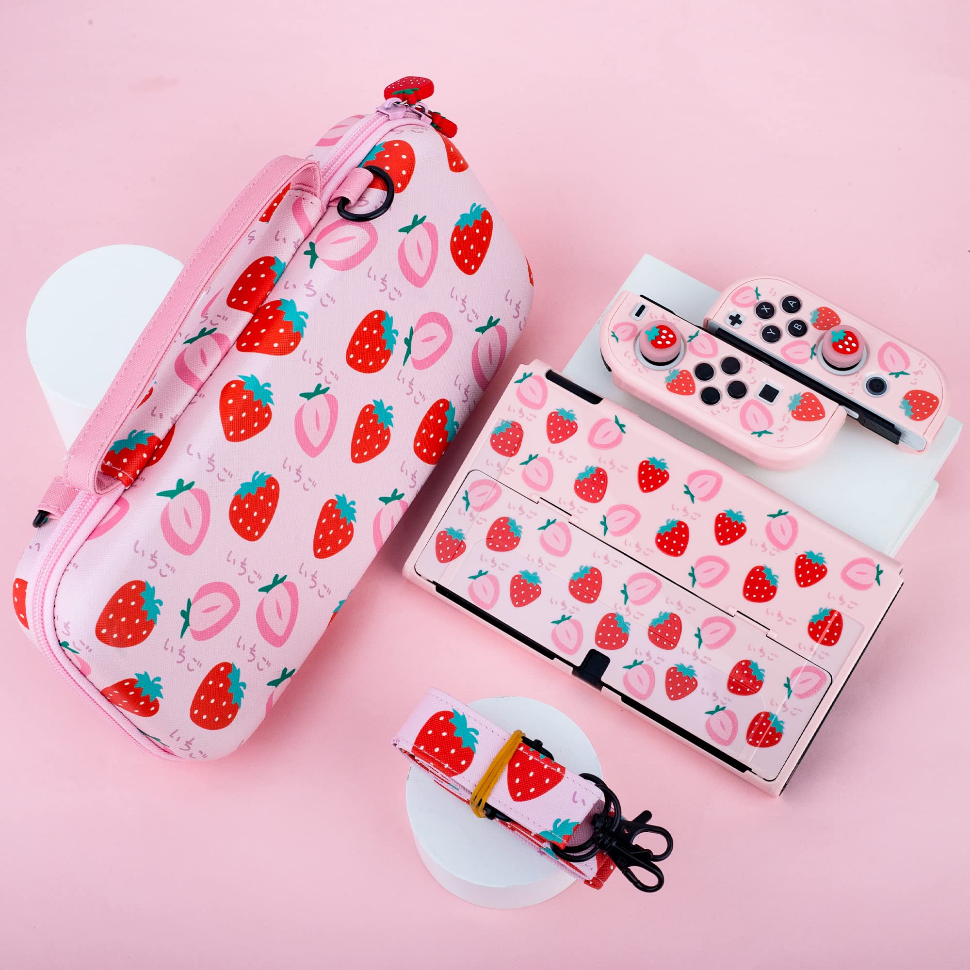 FUNDIARY Pink Nintendo Switch OLED Travel Carrying Case with Strawberry Design - Shockproof Hard Shell, Portable Storage Bag, Shoulder Strap, Screen Protector & 2 Thumb Grips - Perfect for Gaming on the Go, Travel Protection & Console Storage
