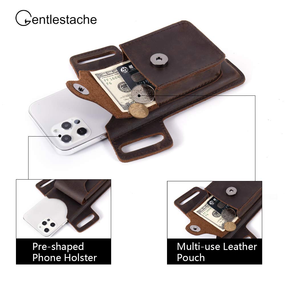 Gentlestache Leather Belt Phone Holster with Small Pocket - Premium Leather Cell Phone Case & Holder for Men & Women, Ideal for Outdoor, Work, and Everyday Use