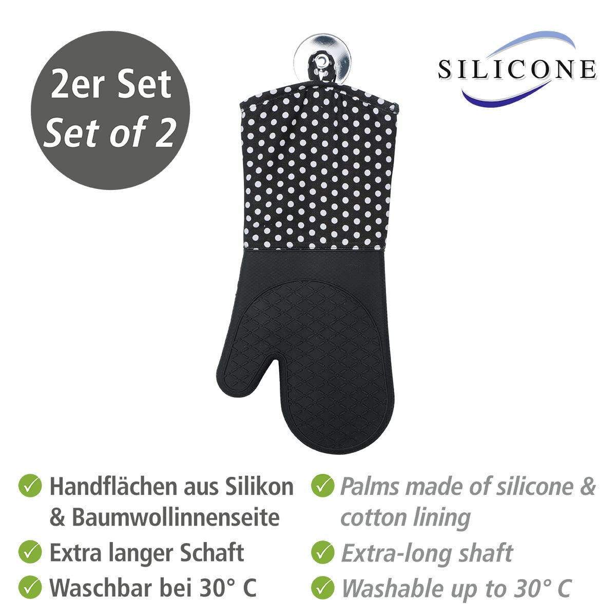 Premium Silicone Oven Mitts Set of 2 - Heat Resistant Kitchen Gloves (37.5 x 18.5 cm) in Black & White - Perfect for Baking, Grilling, and Cooking Safety