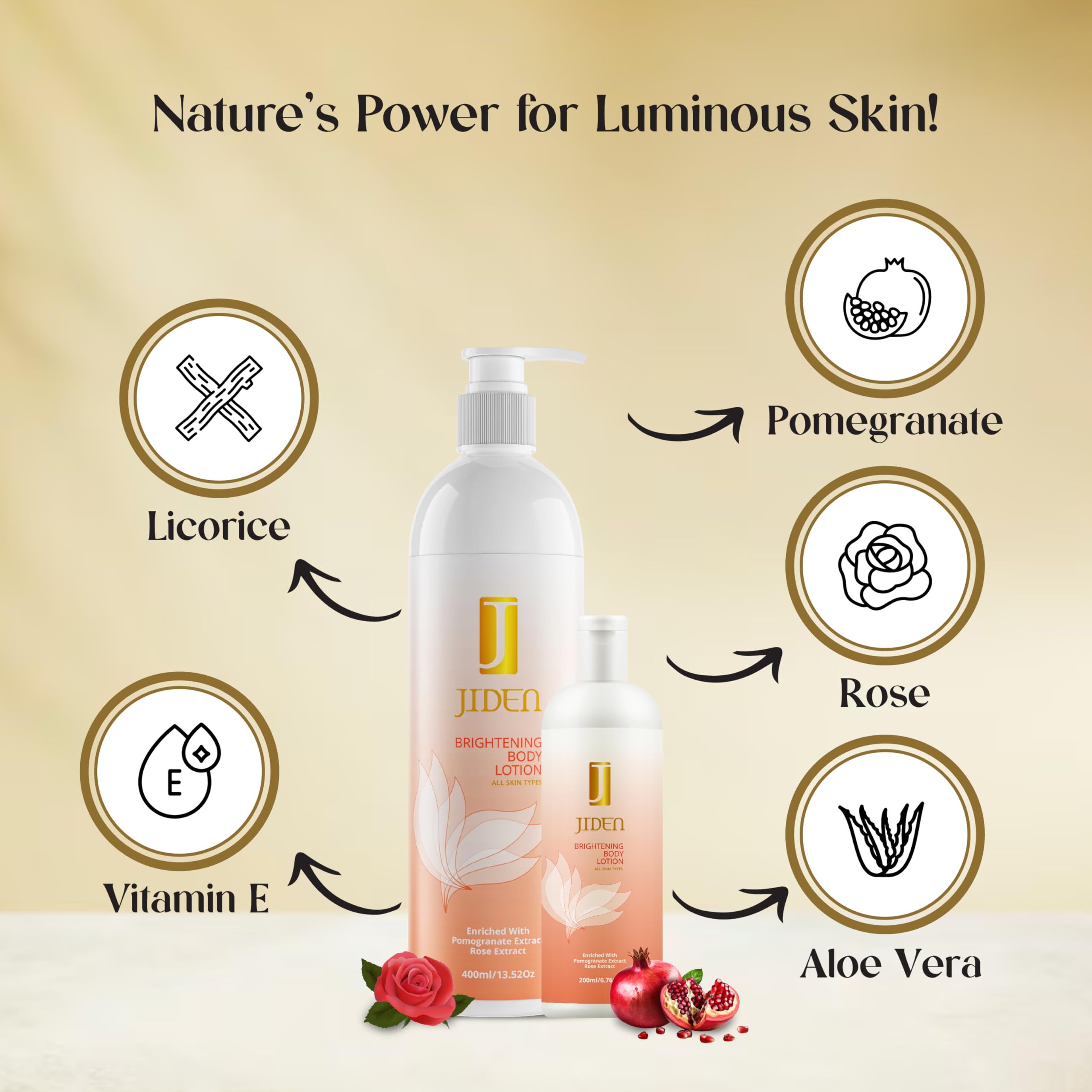 JIDEN Brightening Body Lotion with Pomegranate & Rose Extract - 400ml | Hydrating & Skin Lightening Moisturizer for Dry Skin, Perfect for Daily Use & Nighttime Skincare Routine