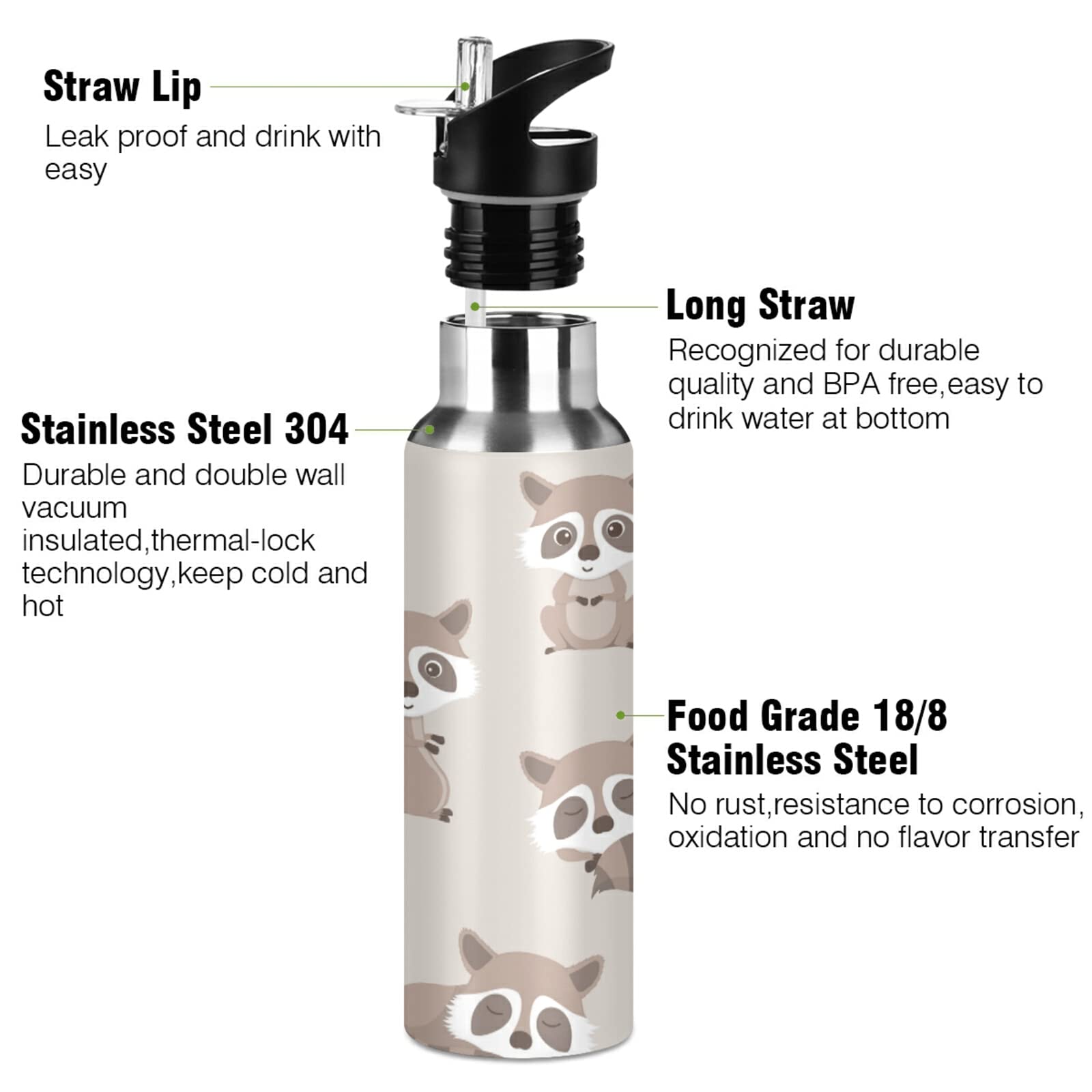 Cute Raccoon Insulated Water Bottle 20oz with Straw for Gym, Hiking & Travel
