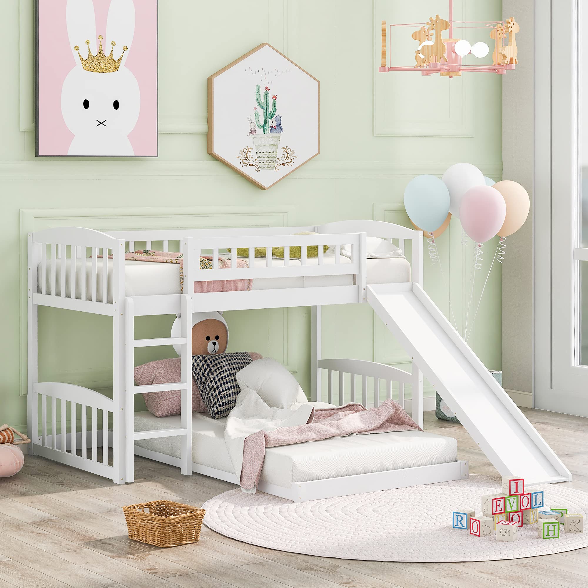 Knocbel Twin Size Low Loft Bed with Floor Platform - White Wooden Bunk Bed with Guardrails, Reversible Slide & Ladder (77.4